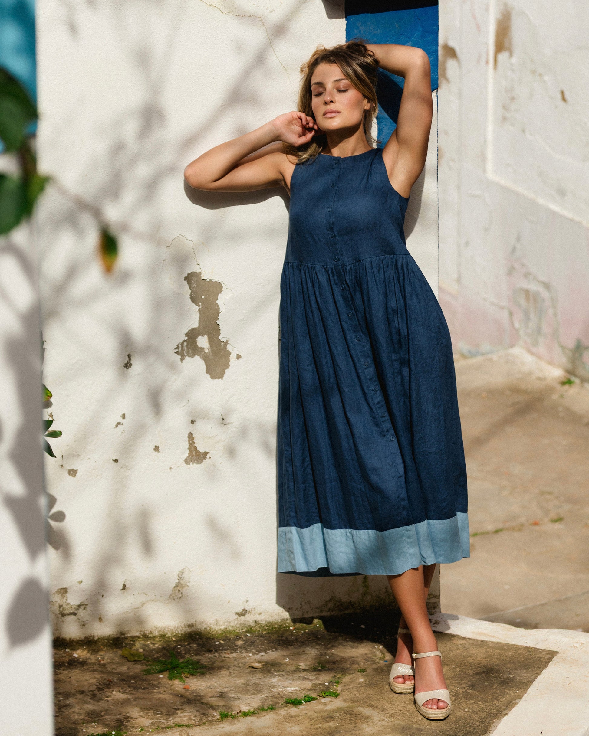 navy linen dress midi Night Blue Linen Dress - Linen Wrap Dress for Women - Linen Midi Dress - Summer Dress with Pockets