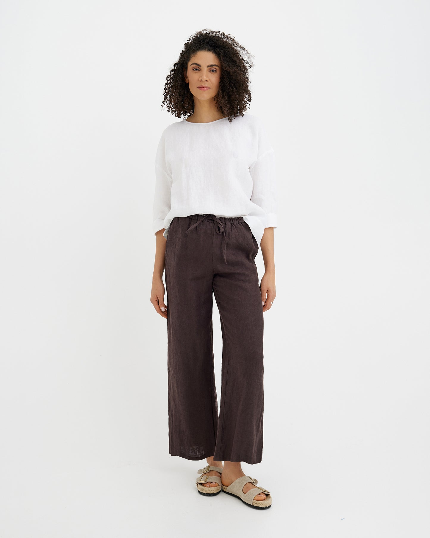 MagicLinen Espresso brown CURACAO linen pants with loose straight-leg silhouette   modelBoxOn