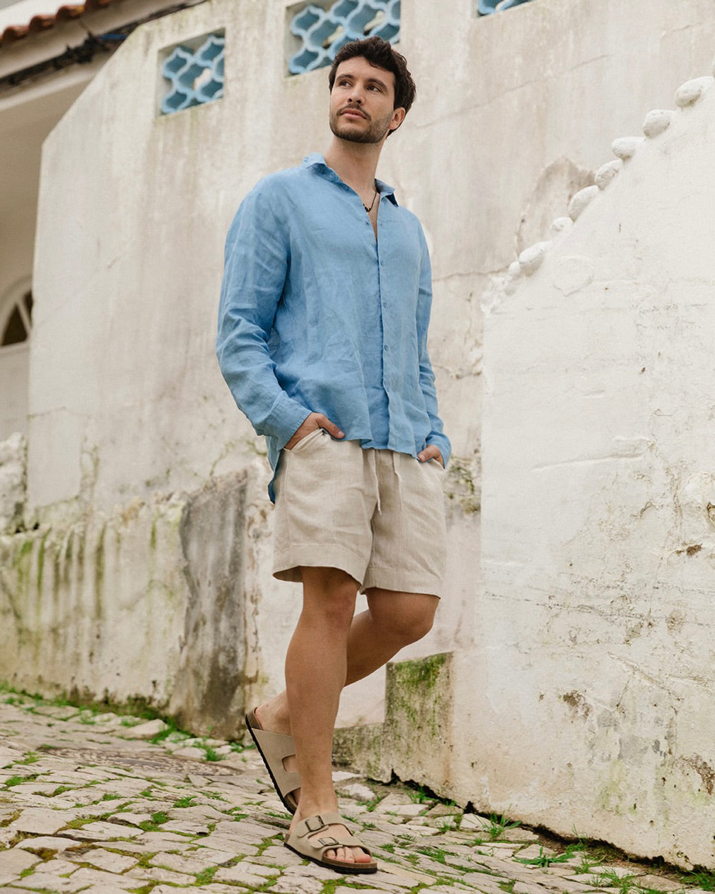 MagicLinen Soft blue CHICAGO shirt styled with tailored trousers in natural light