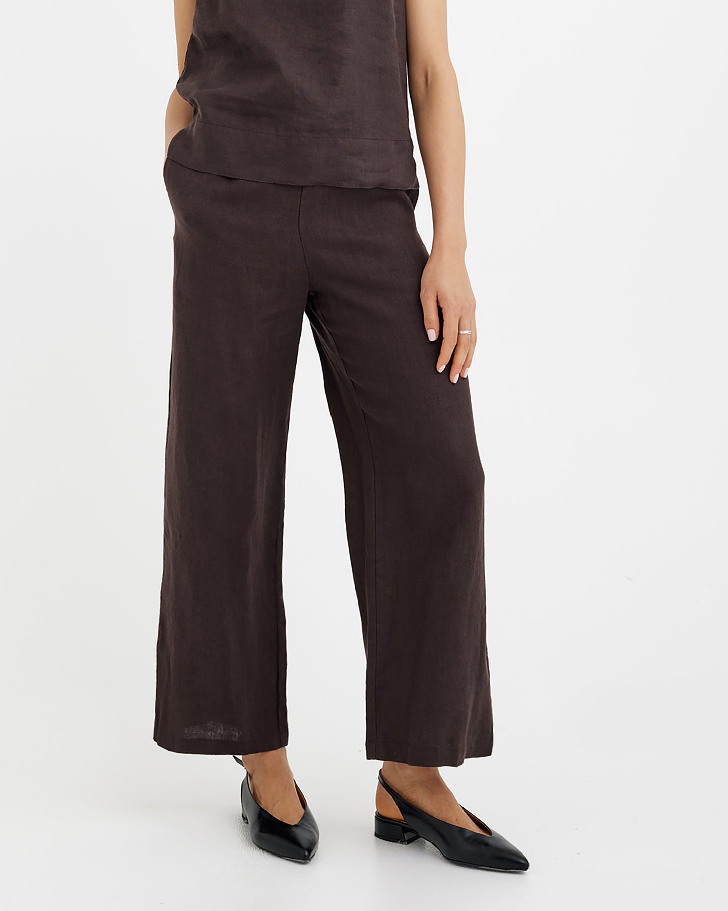 MagicLinen Espresso brown women’s linen trousers with adjustable drawstring waist  