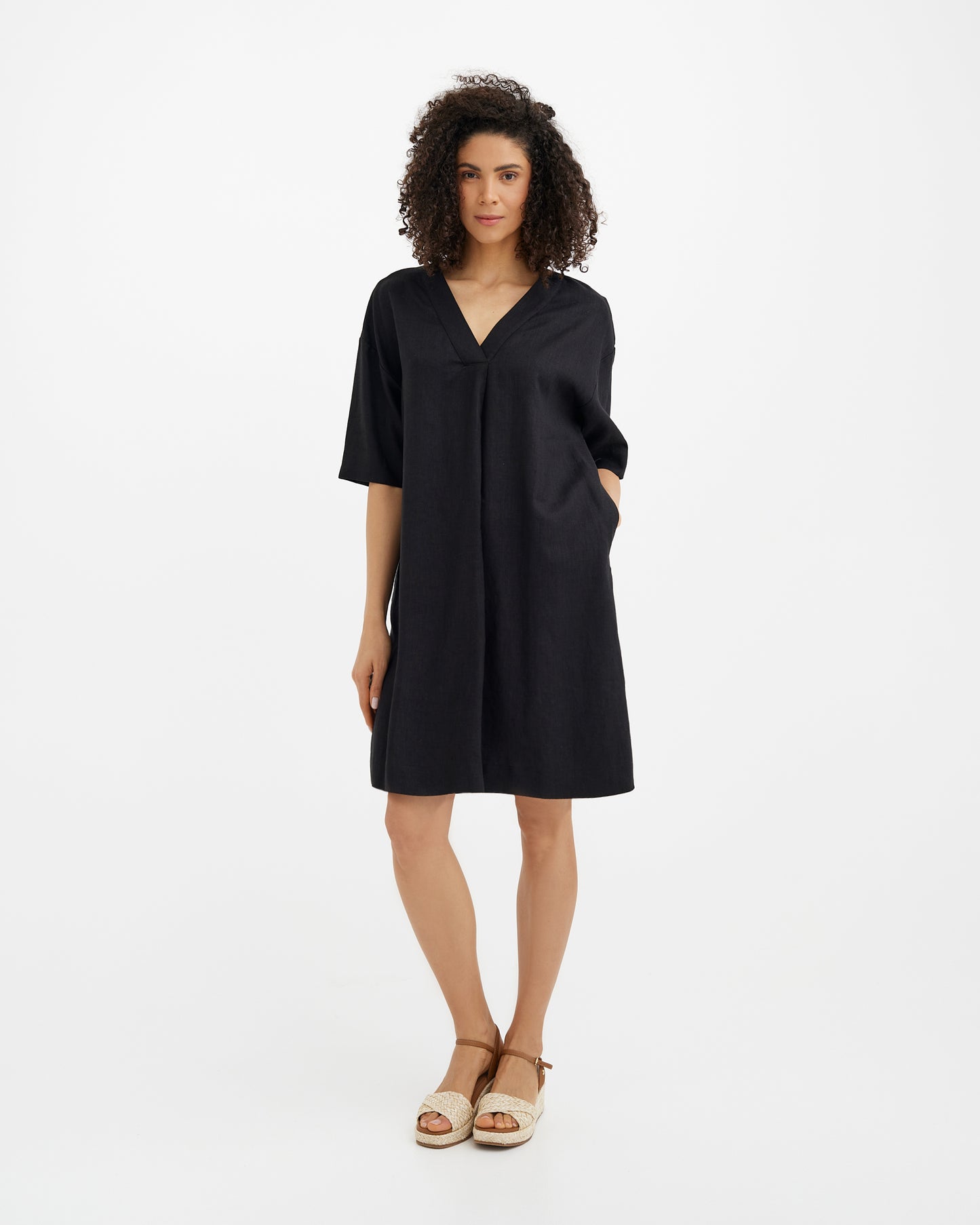 MagicLinen Black Linen Tunic Dress WAIKIKI with 3/4 sleeves and inseam side pockets  modelBoxOn