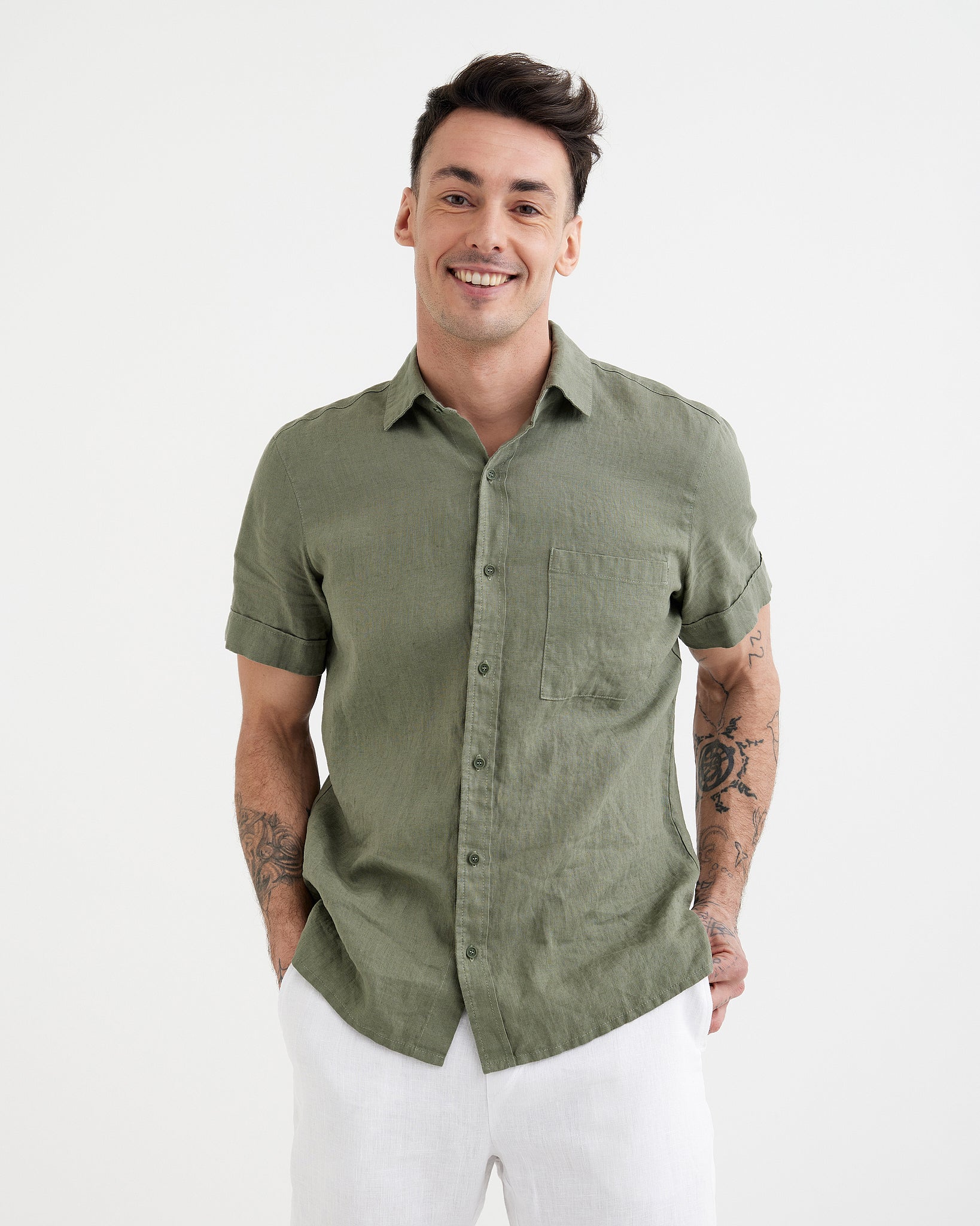 MagicLinen Mist green European flax linen shirt, plain weave texture close-up modelBoxOn