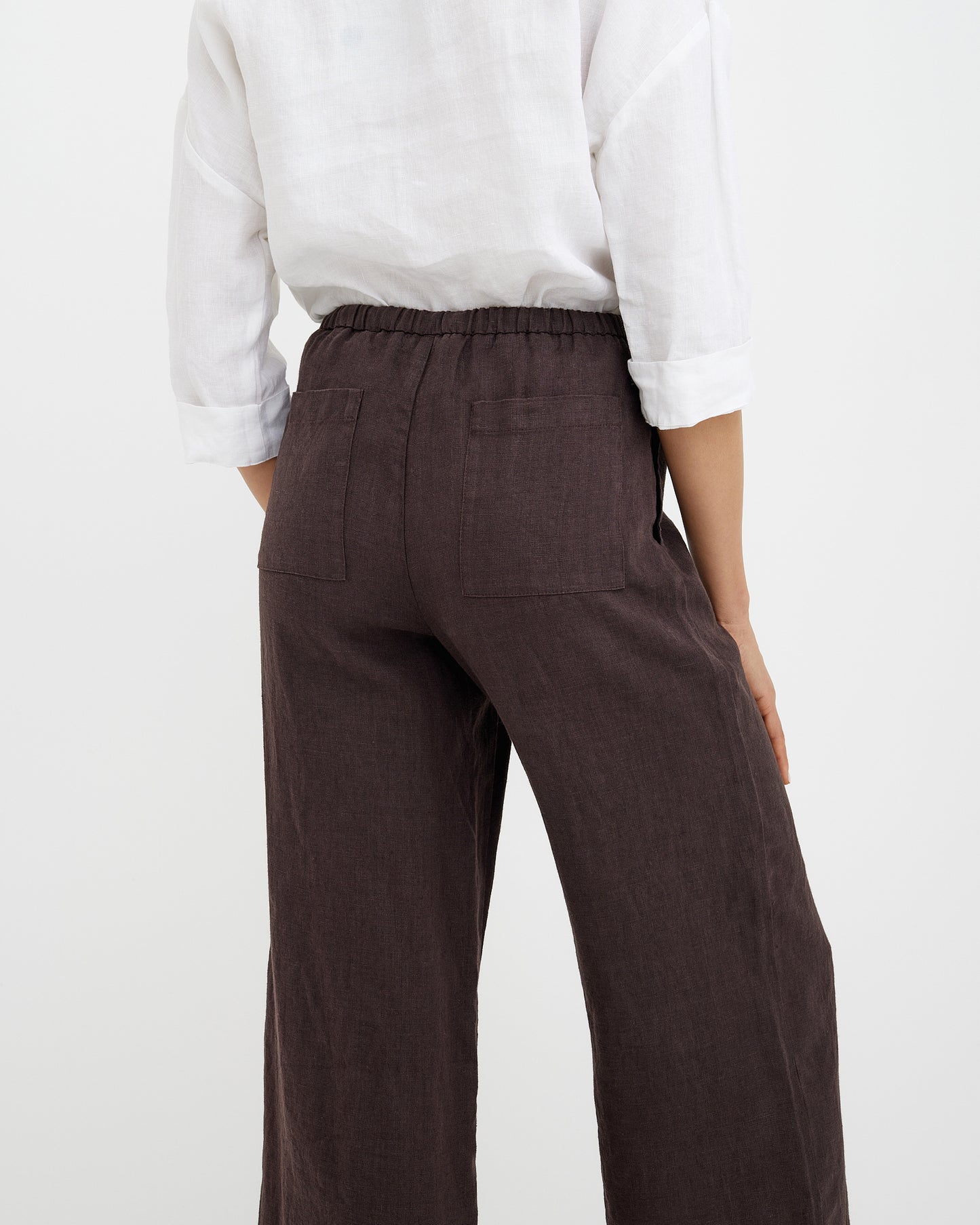 MagicLinen Espresso brown Linen Pants CURACAO styled with coordinating linen shirt  