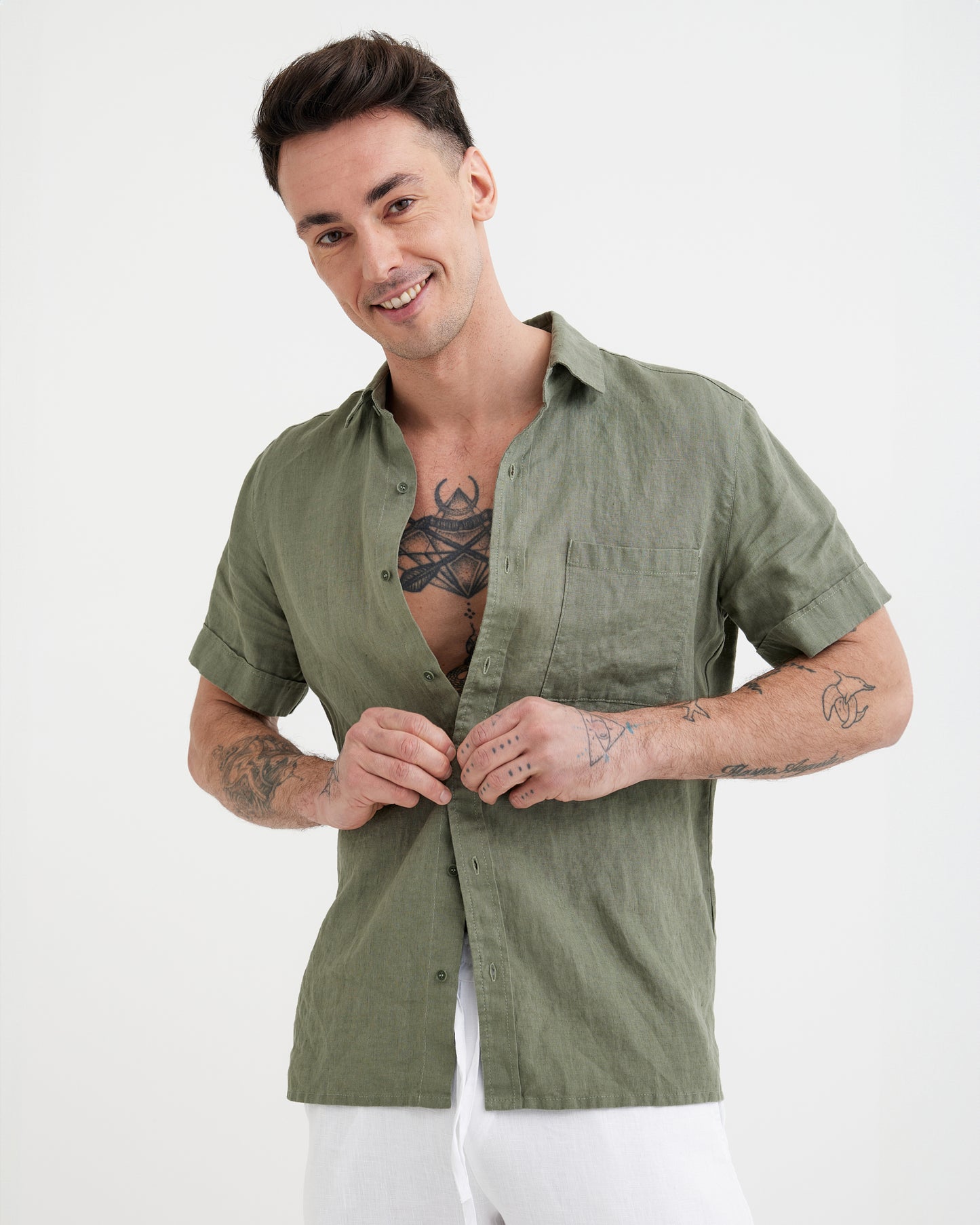 MagicLinen Mist green men’s linen shirt made in Lithuania, OEKO-TEX® certified (2019OK0776)