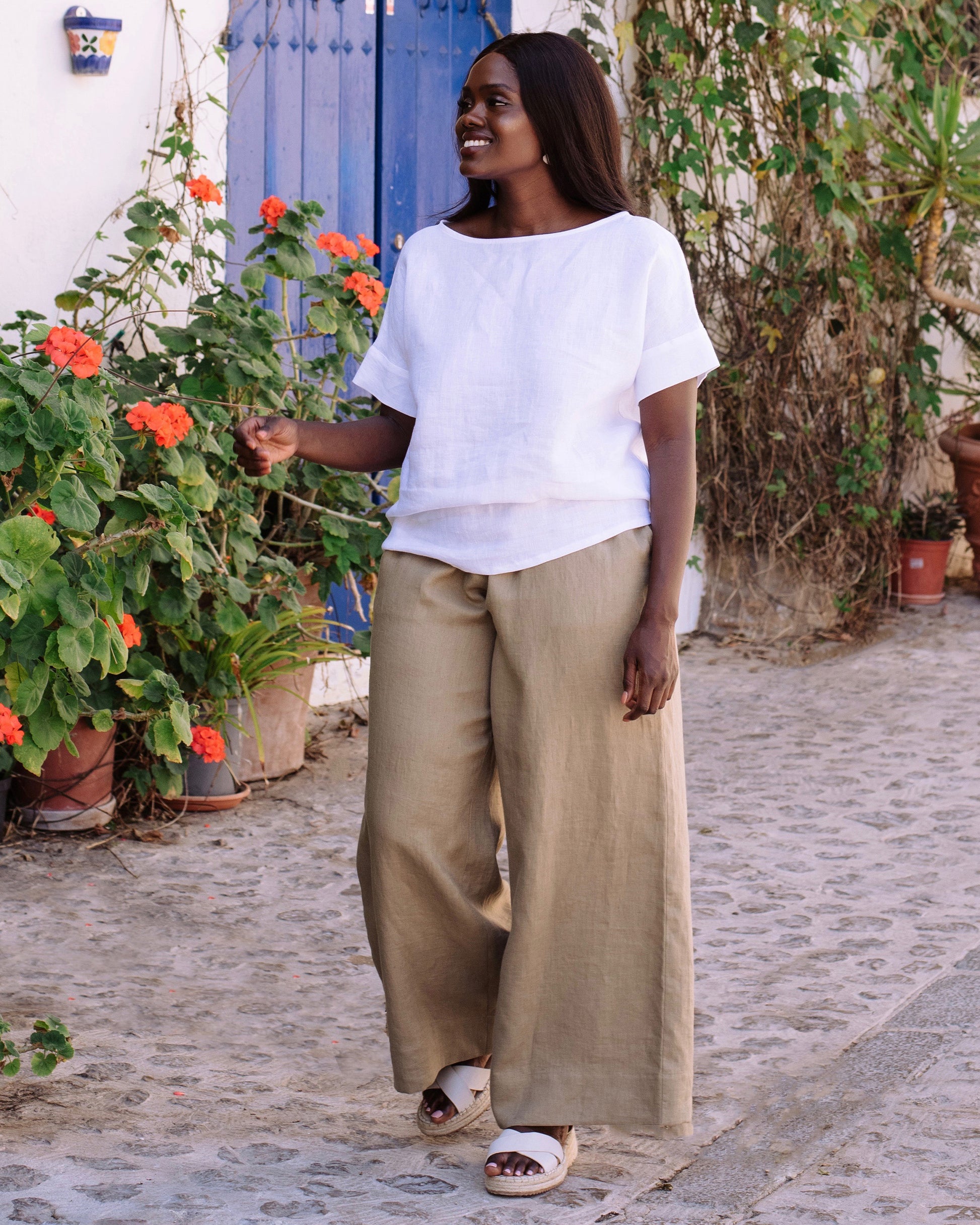 Wide leg linen pants ALCUDIA in Dried moss