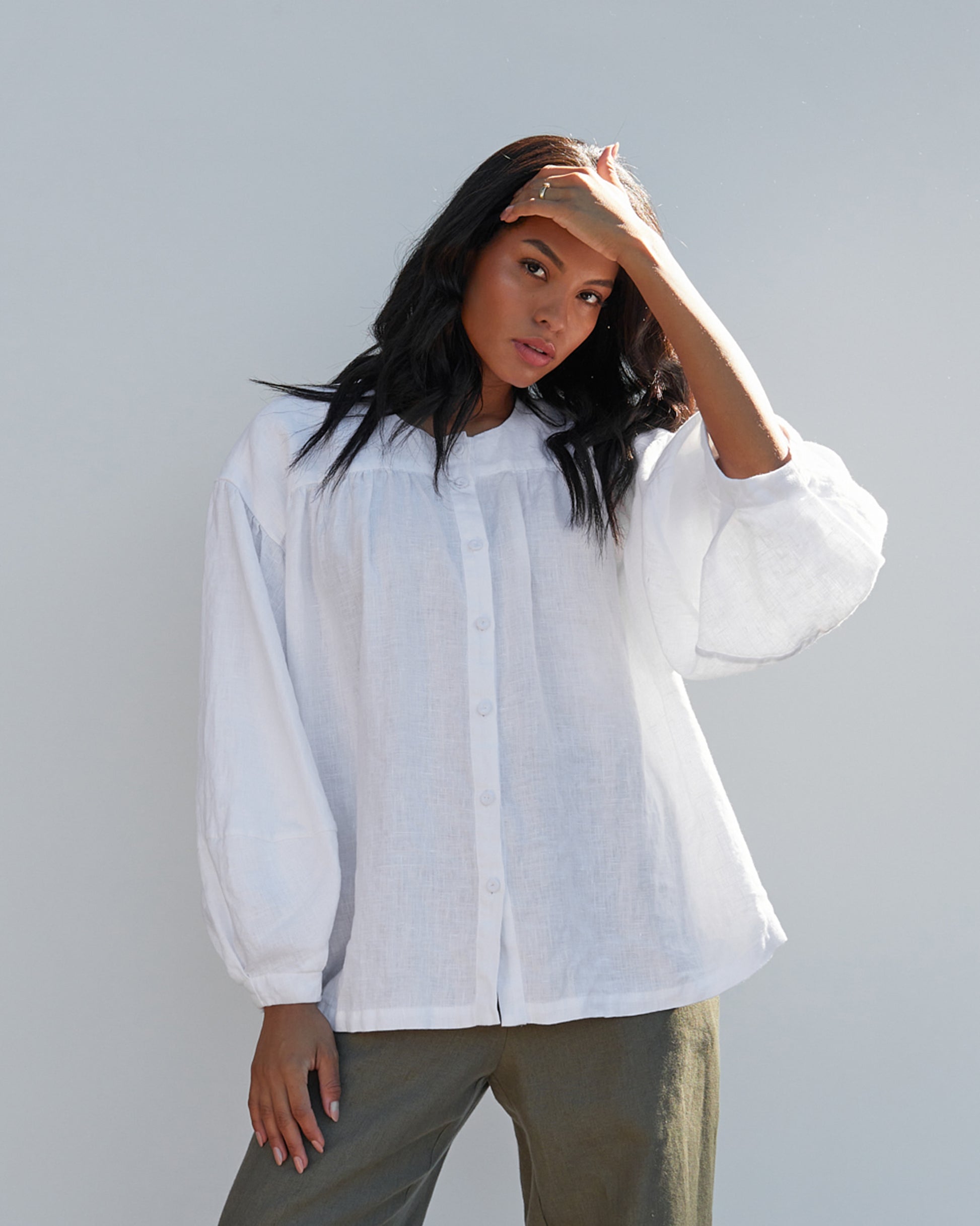 Linen long lantern sleeves top ALGHERO in White | MagicLinen