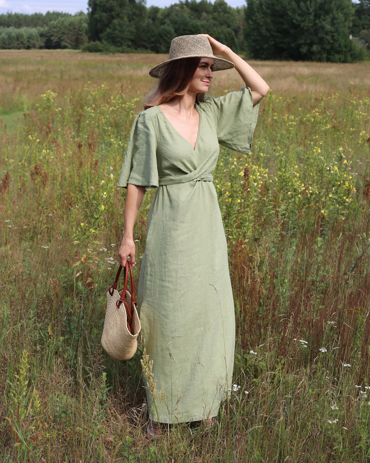 Maxi linen dress AGRA in Sage
