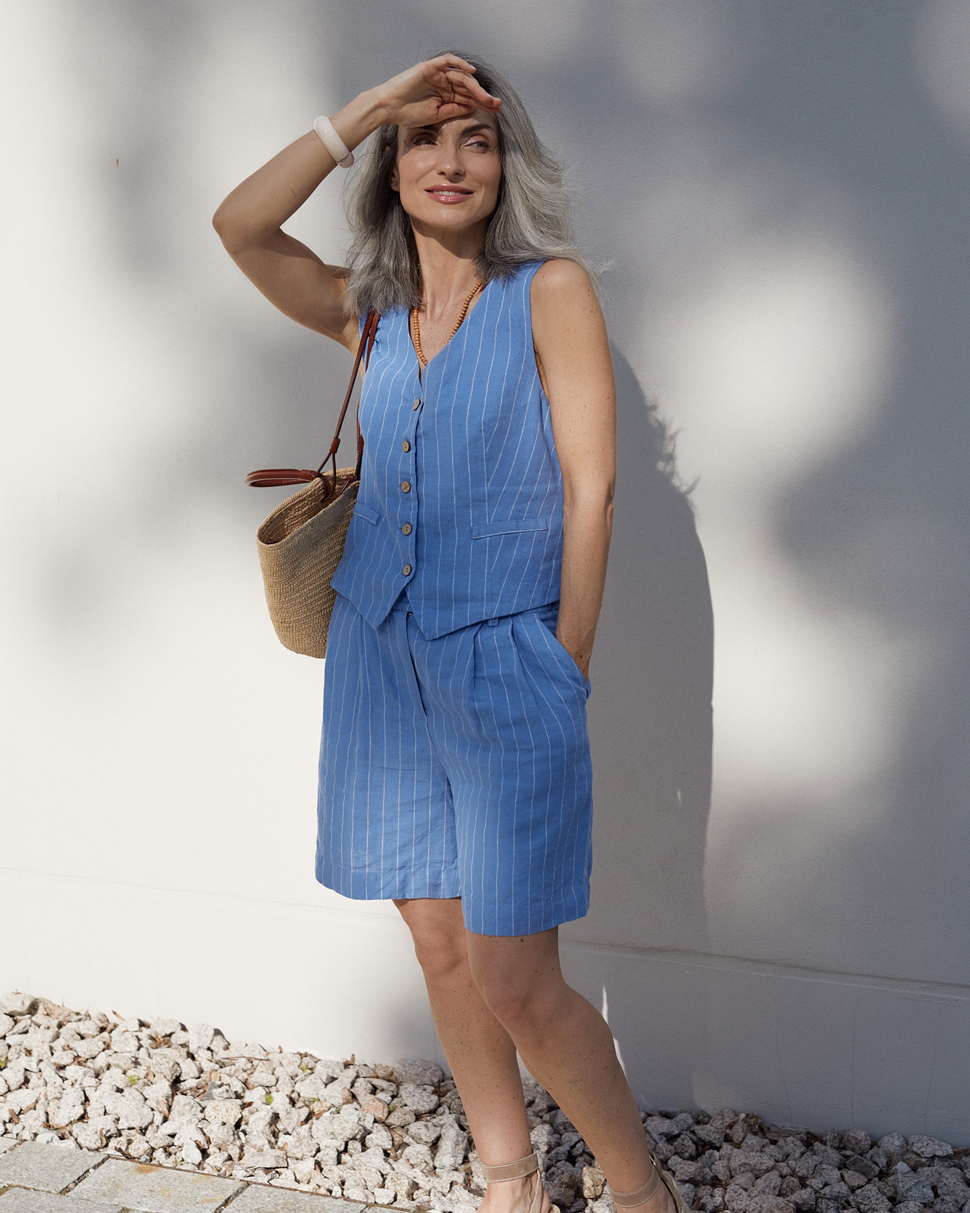 Pleated linen shorts BAGAN in Blue stripes - MagicLinen