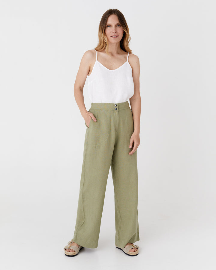 Wide linen pants BANFF in Sage - MagicLinen modelBoxOn