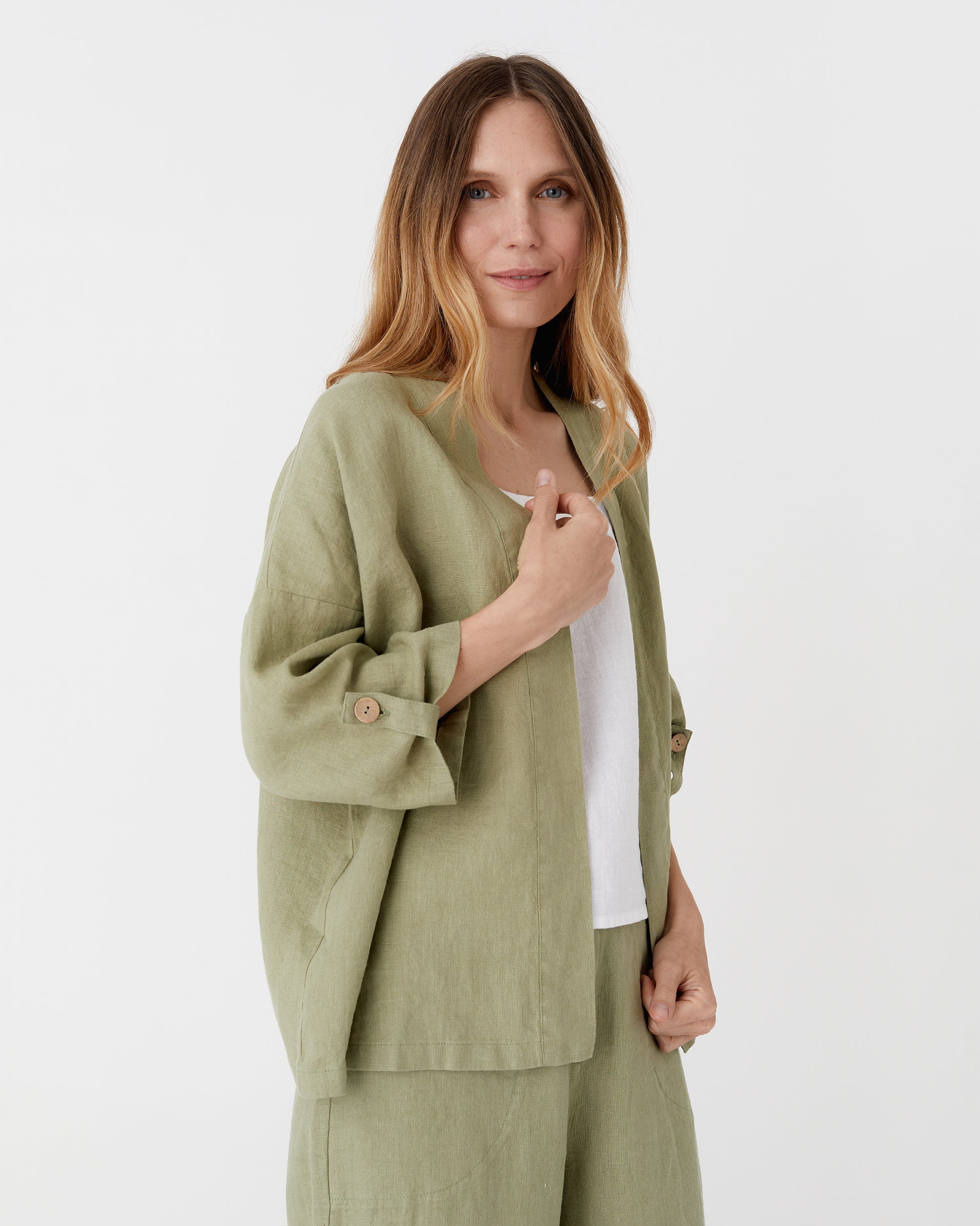 Linen kimono jacket BANOS in Sage - MagicLinen