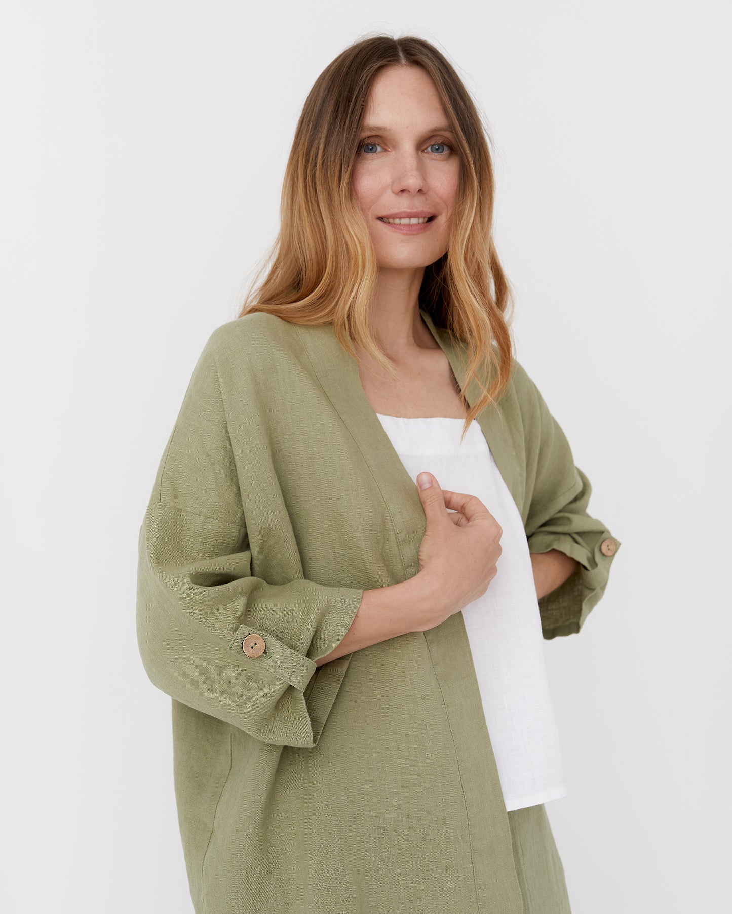 Linen kimono jacket BANOS in Sage - MagicLinen