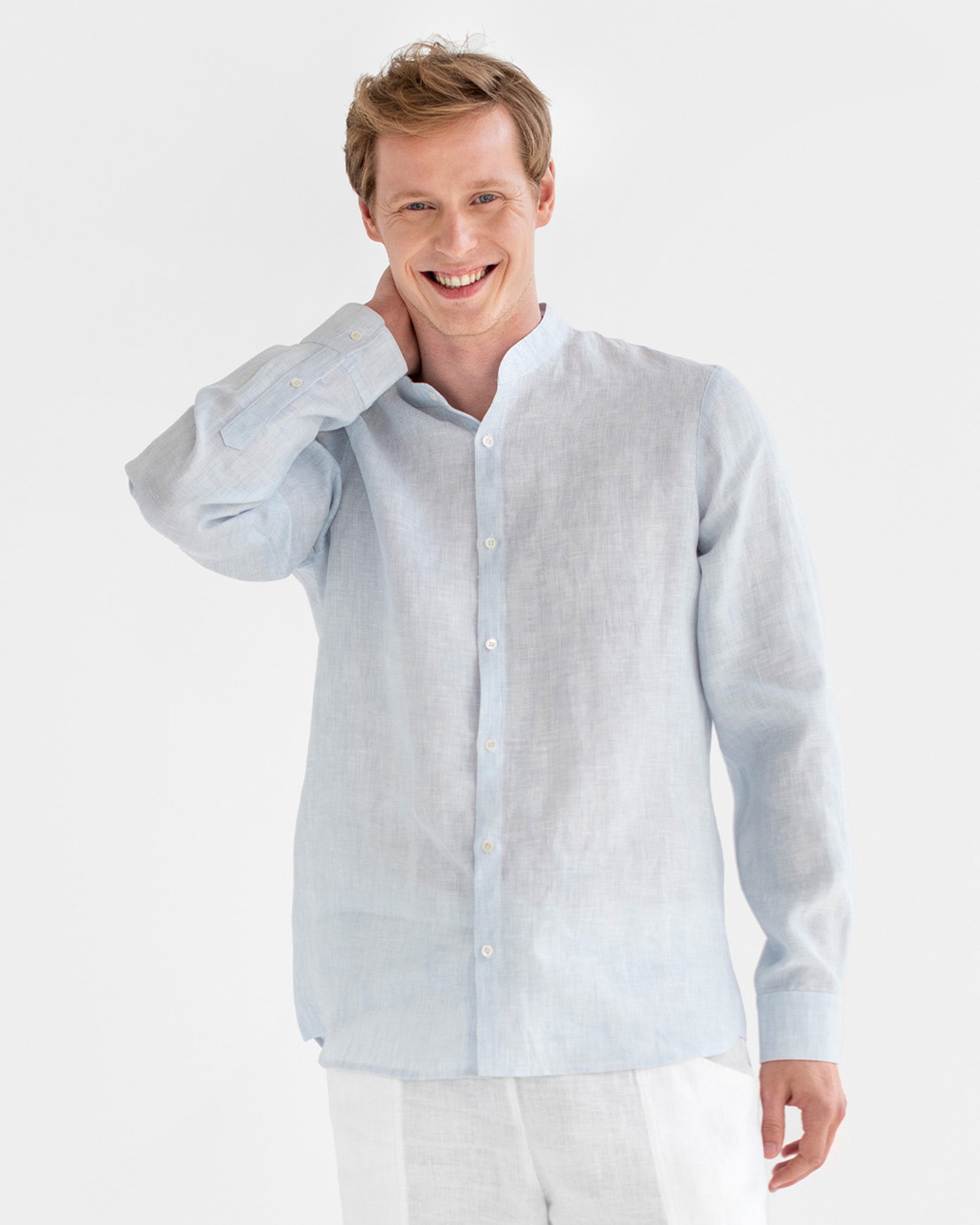 Men's Linen Band Collar Shirt BONAIRE in Pinstripe Blue | MagicLinen