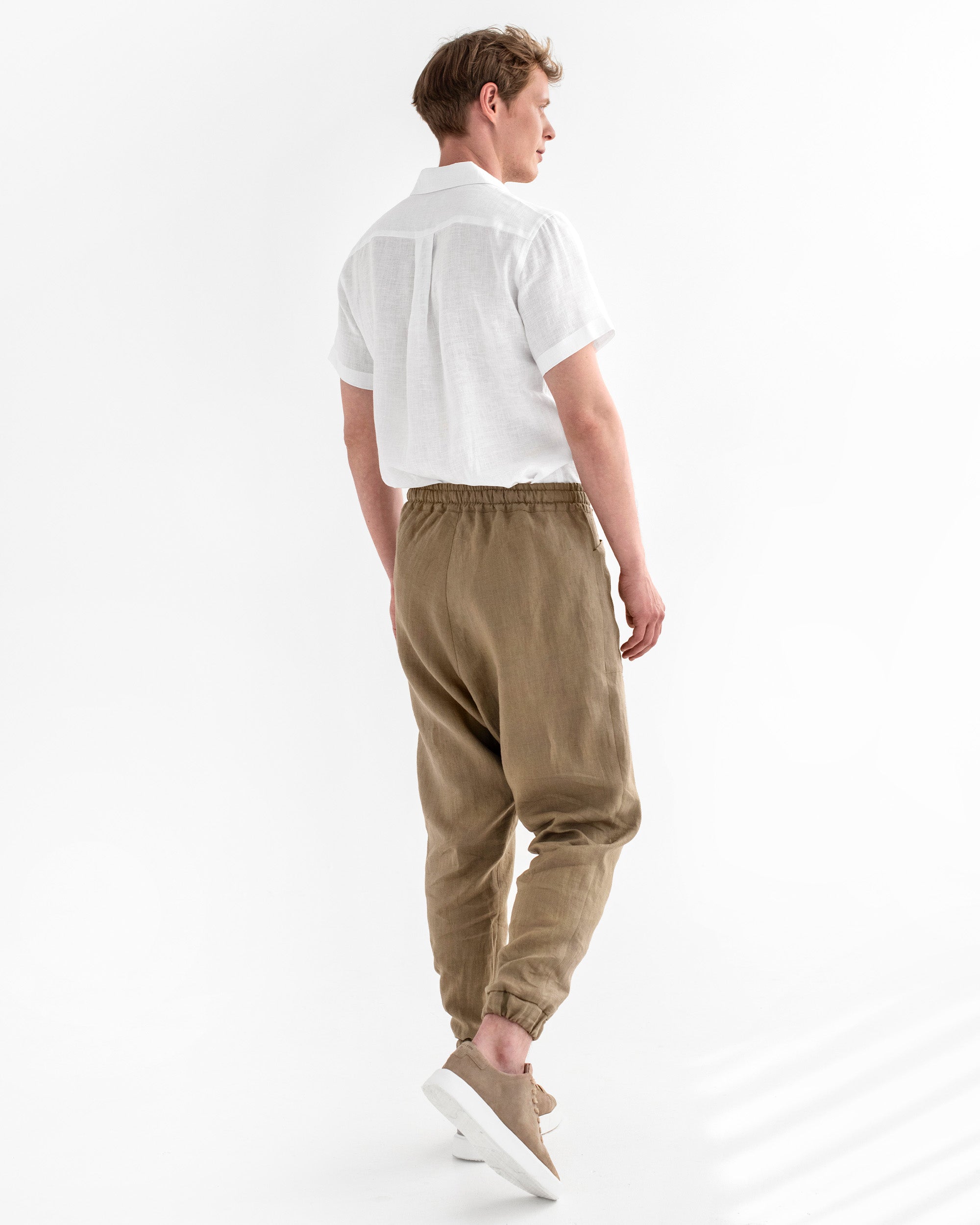 Tapered drop crotch men's linen pants CURACAO in Dried moss