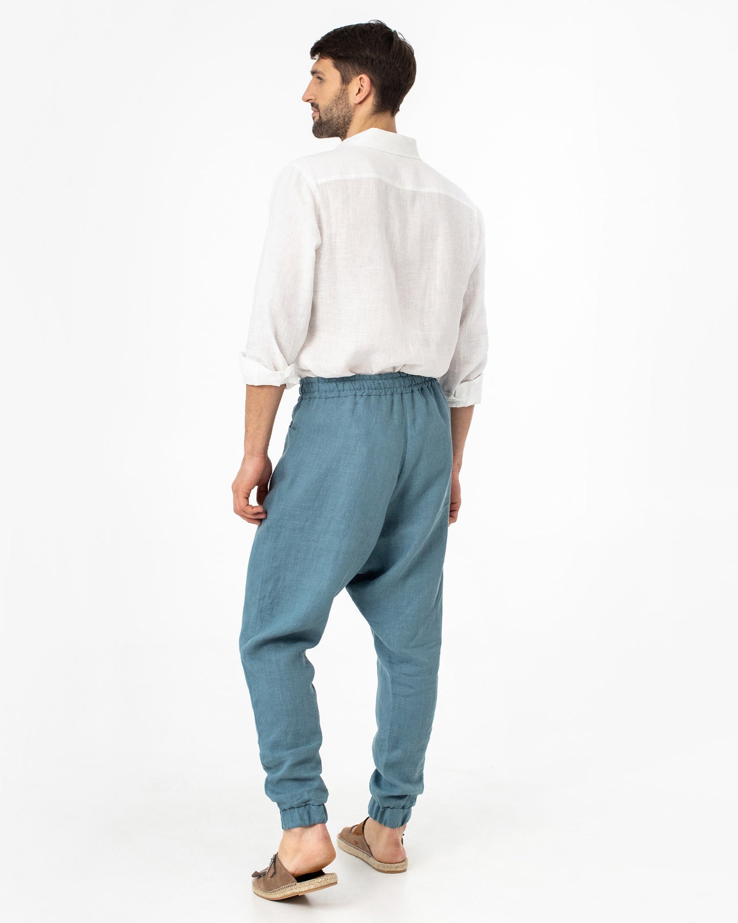 Tapered drop crotch men's linen pants CURACAO in Gray blue - MagicLinen