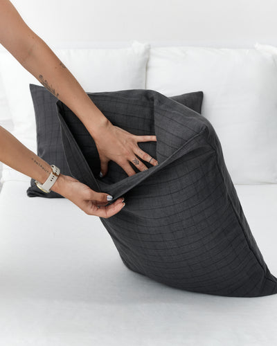 Charcoal windowpane linen pillowcase