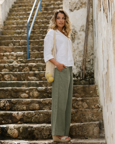 Linen Pants CURACAO in Mist green modelBoxOn2