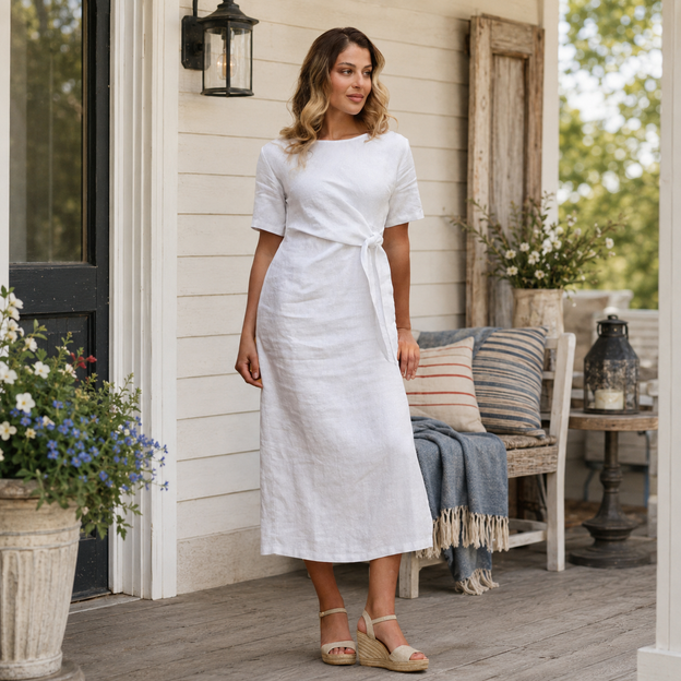 Woman in a white dress standing on a porch with outdoor furniture and plants.