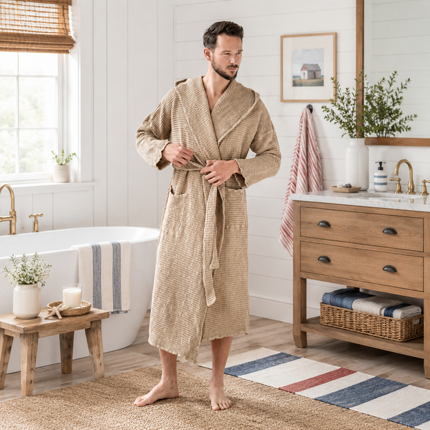 Man wearing a beige robe in a bathroom with wooden furniture and plants.