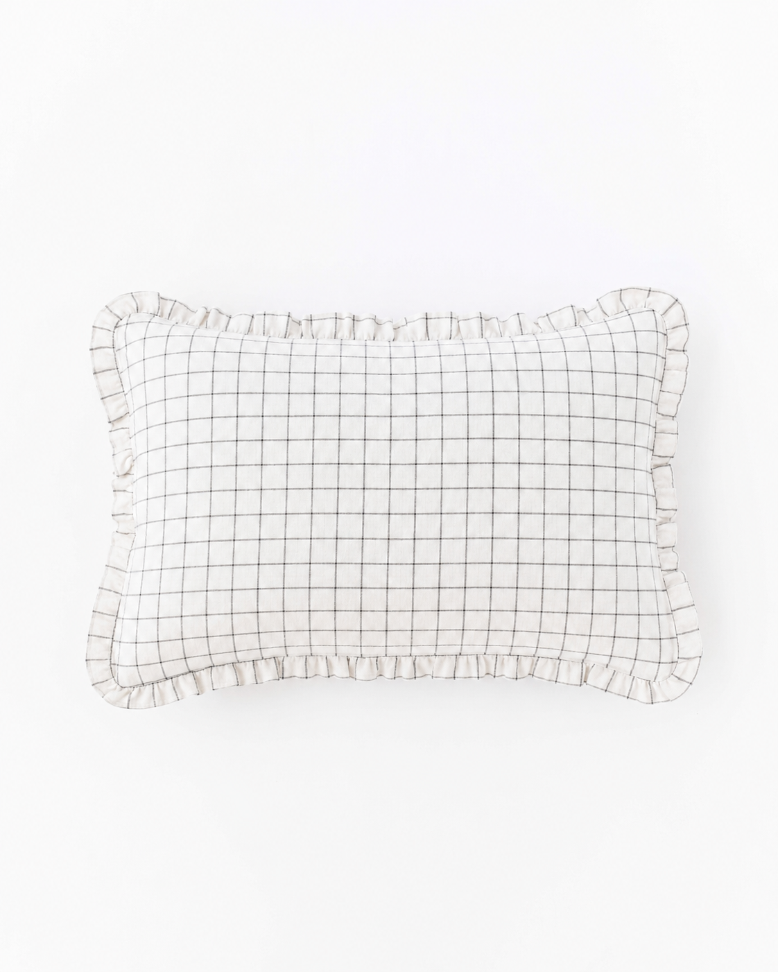 Ruffle trim linen pillowcase in Charcoal grid