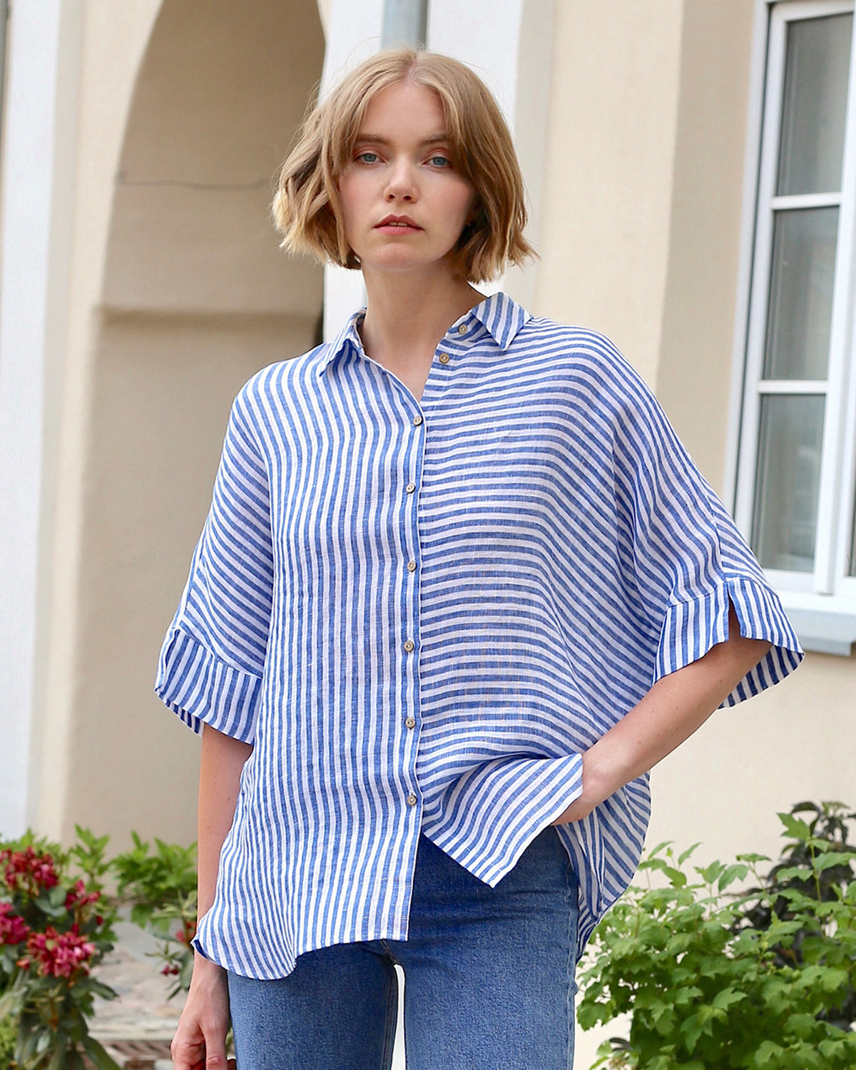 Short sleeved linen top CABRERA stripes