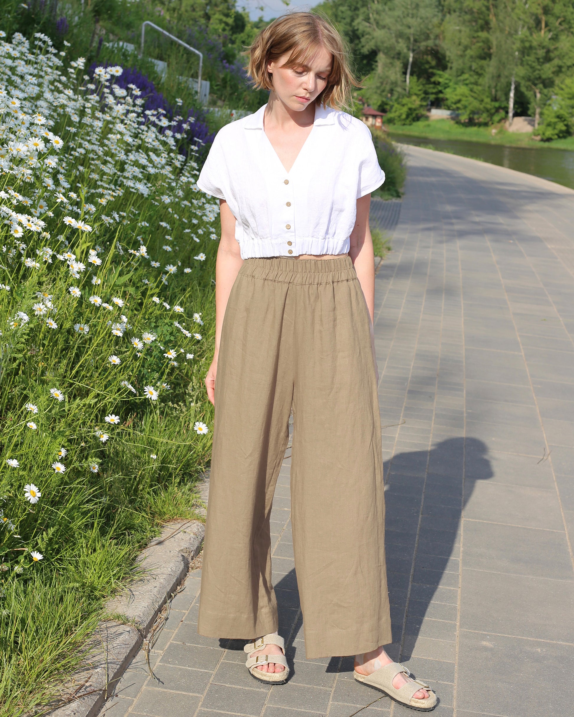 Wide leg linen pants ALCUDIA in Dried moss - MagicLinen