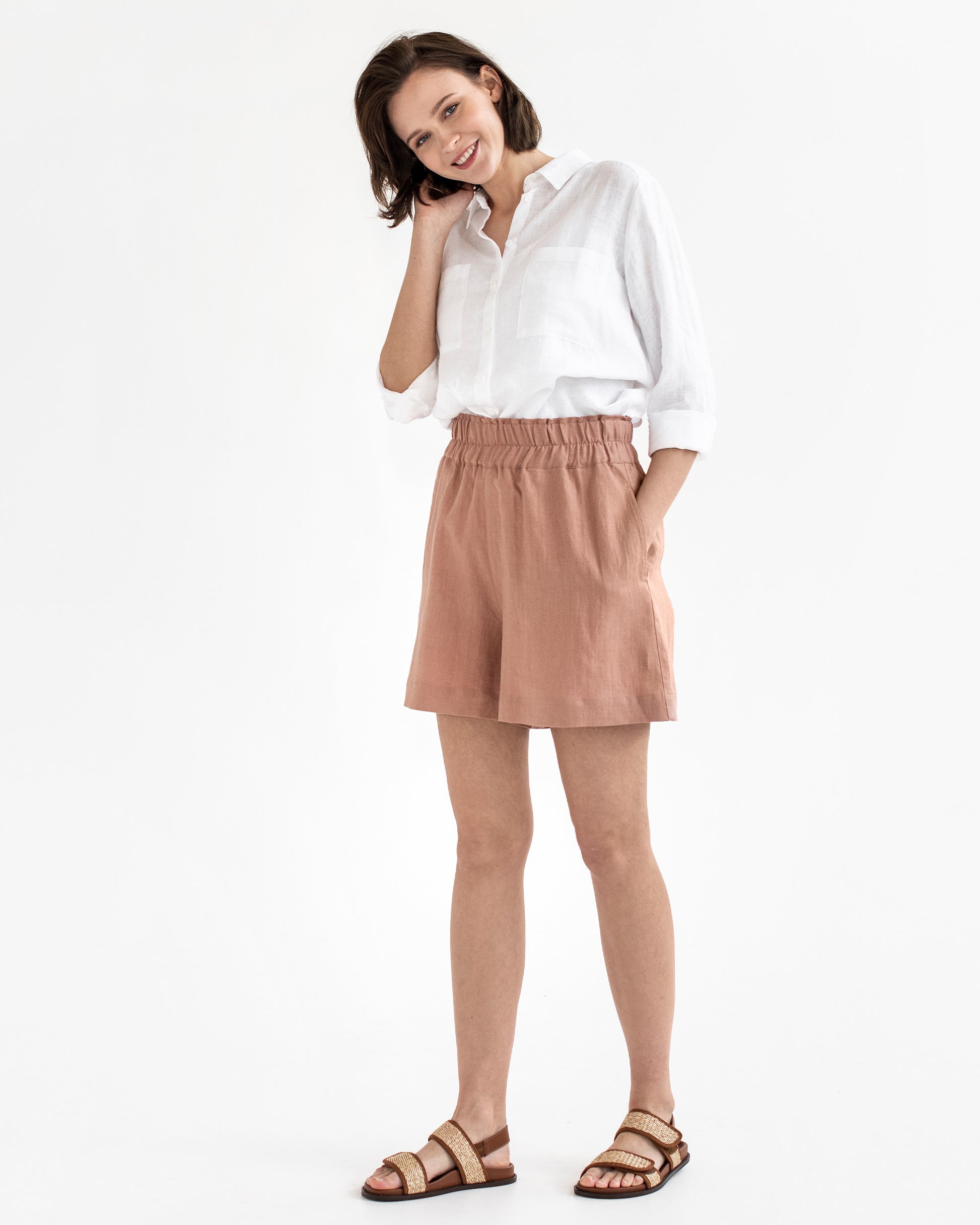Elastic waist linen shorts LAMU in Ash rose - MagicLinen