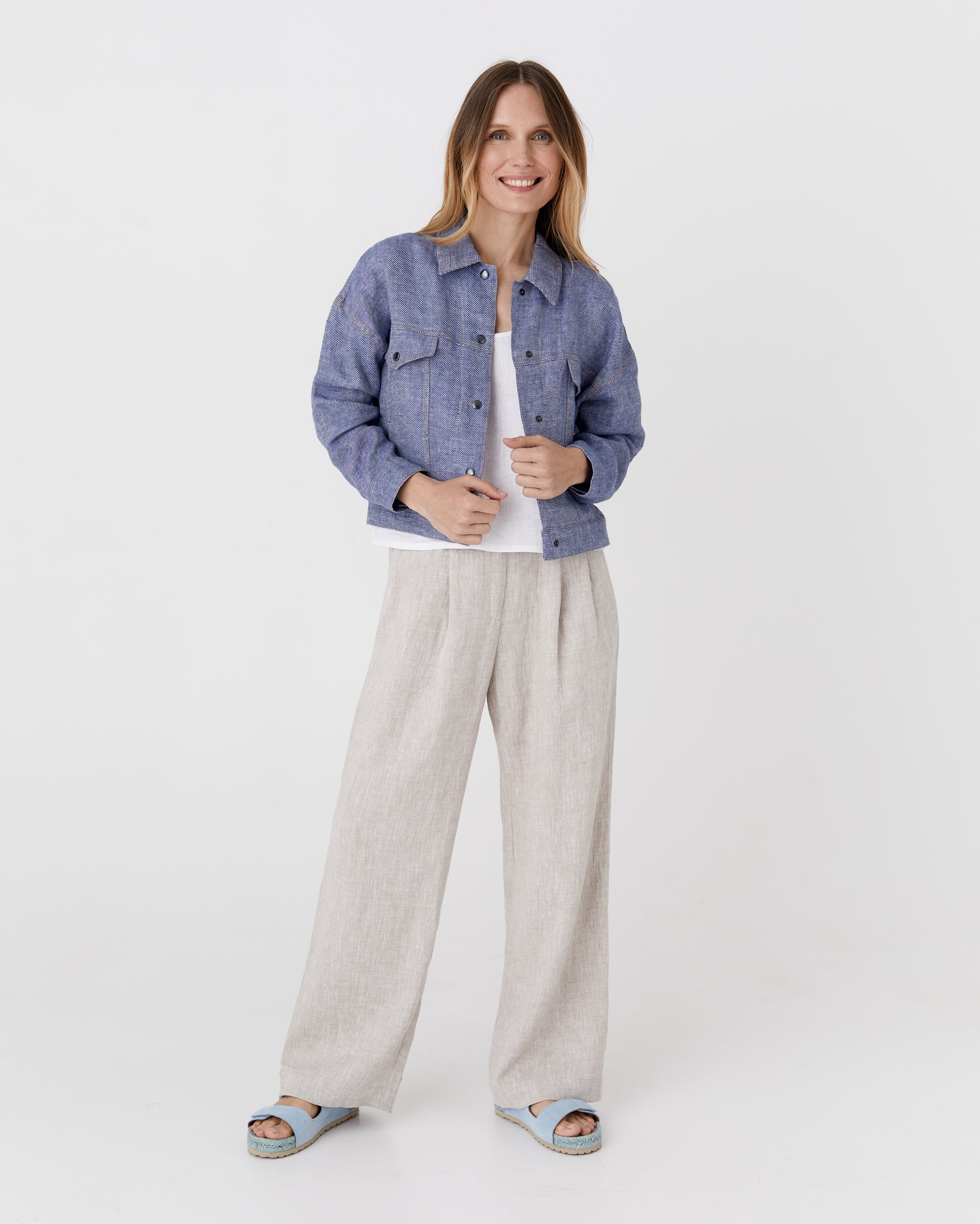 MAATEE&SONS SHORT JACKET(ヒッコリー) Cropped linen jacket LEURA in Denim | MagicLinen