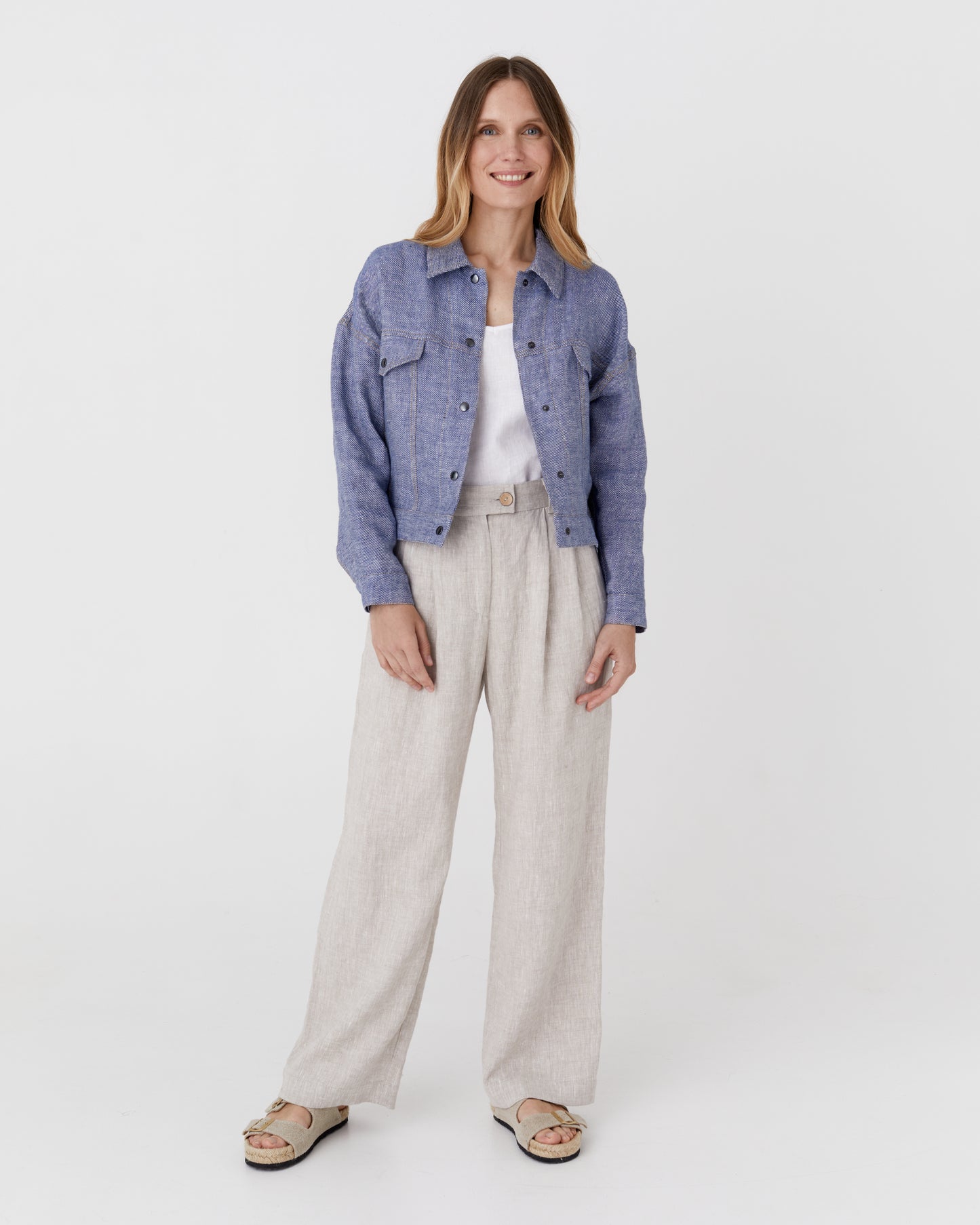 Cropped linen jacket LEURA in Denim - MagicLinen