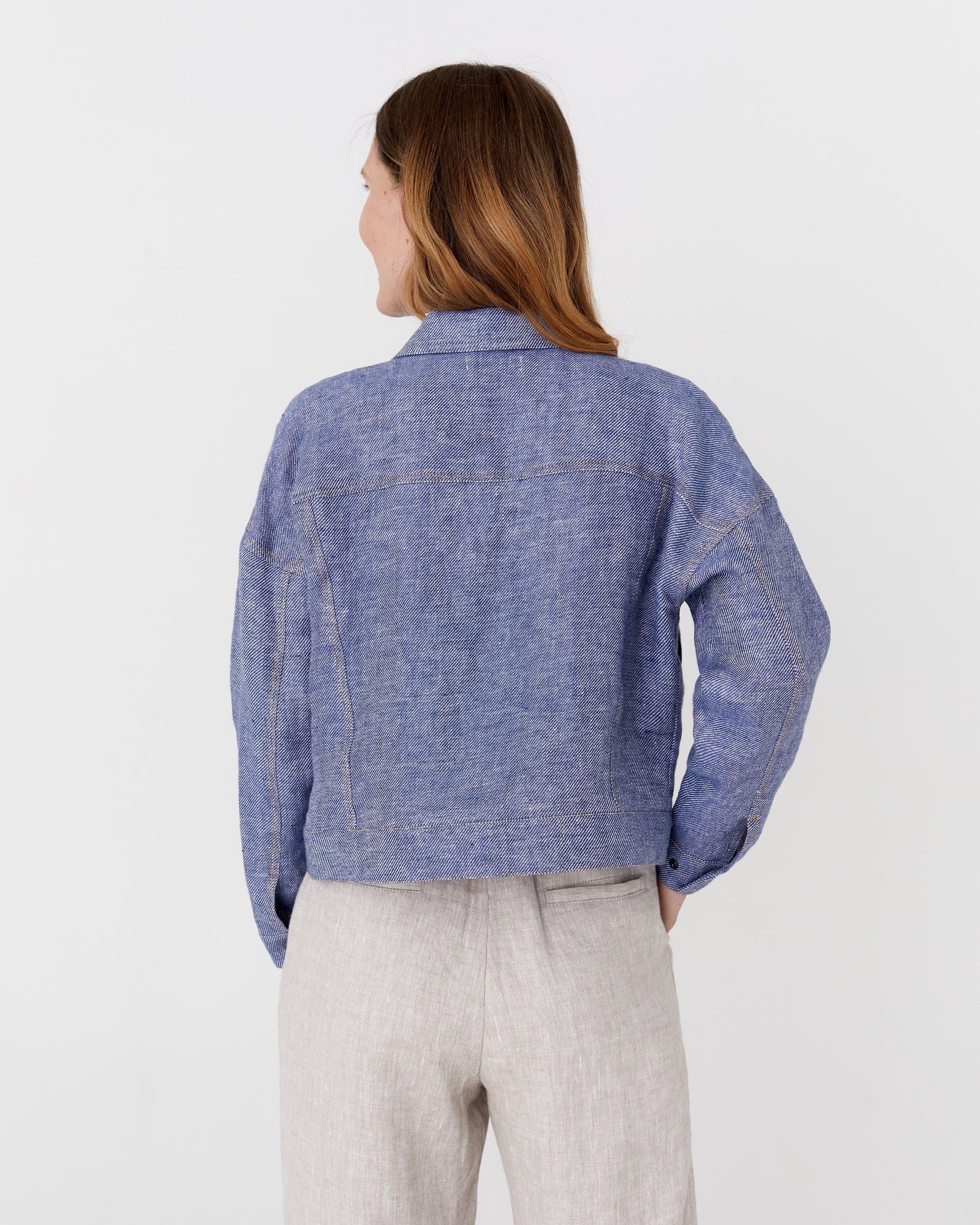 Cropped linen jacket LEURA in Denim - MagicLinen