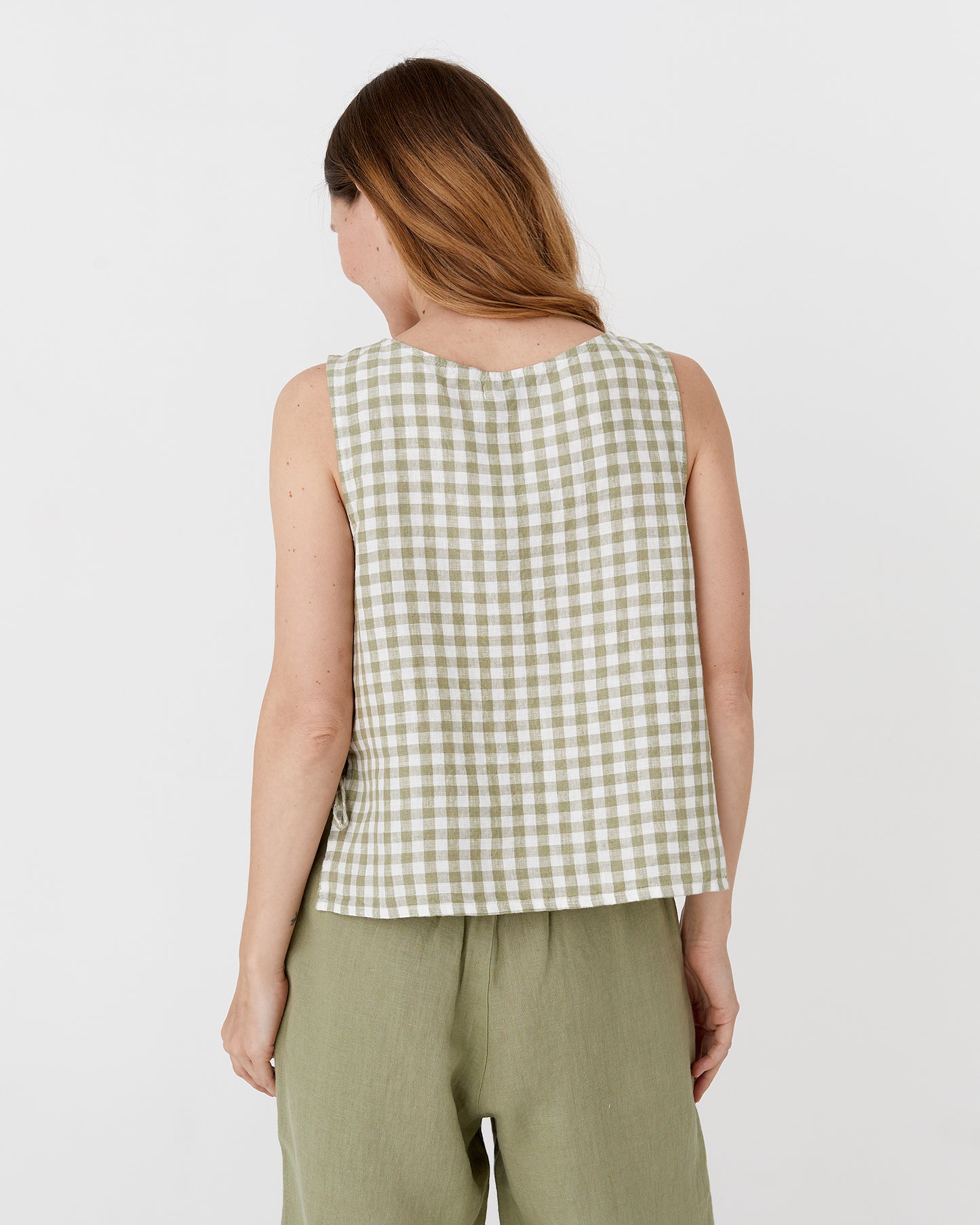 Linen top with ties LUCERNE in Sage gingham - MagicLinen