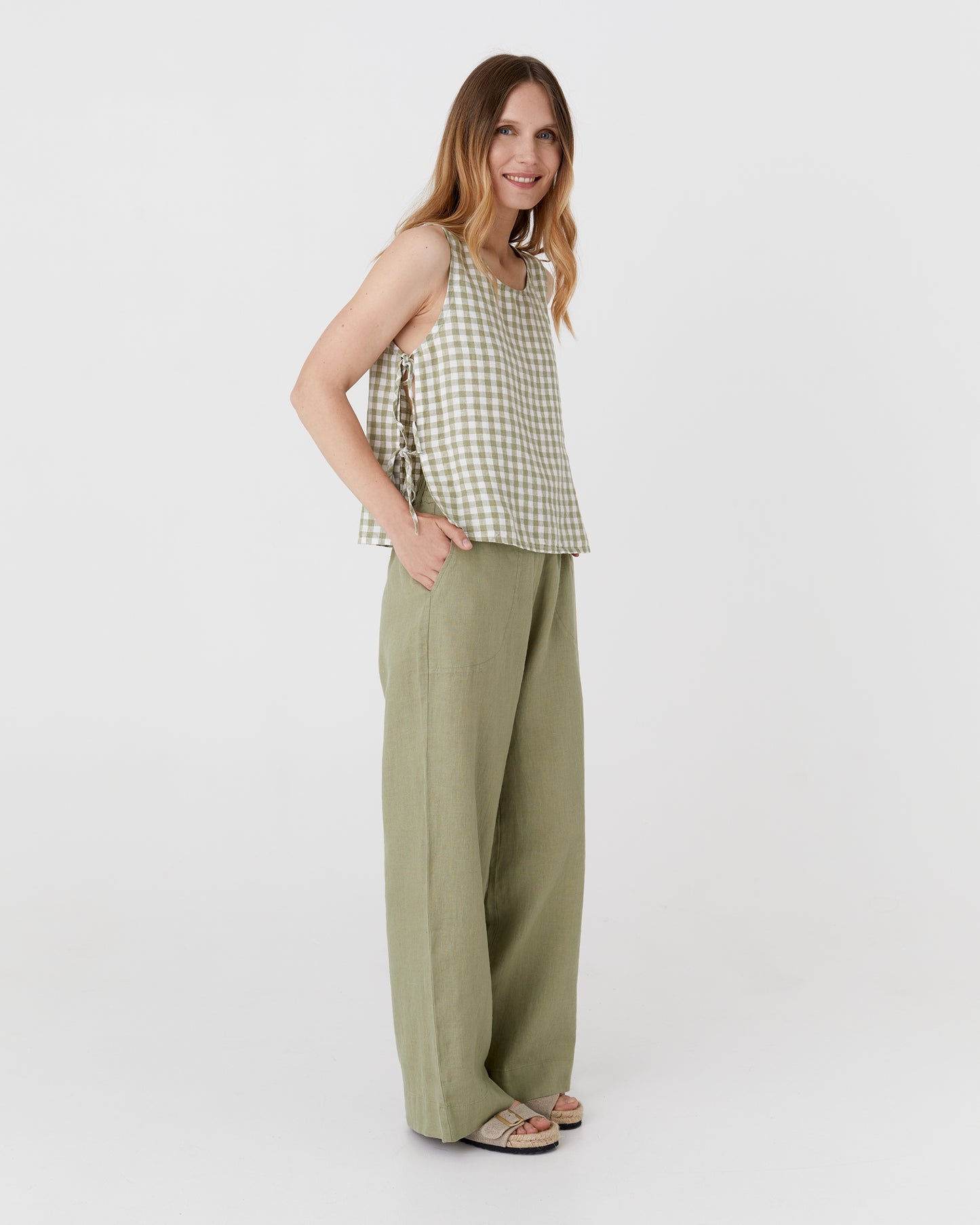 Linen top with ties LUCERNE in Sage gingham - MagicLinen