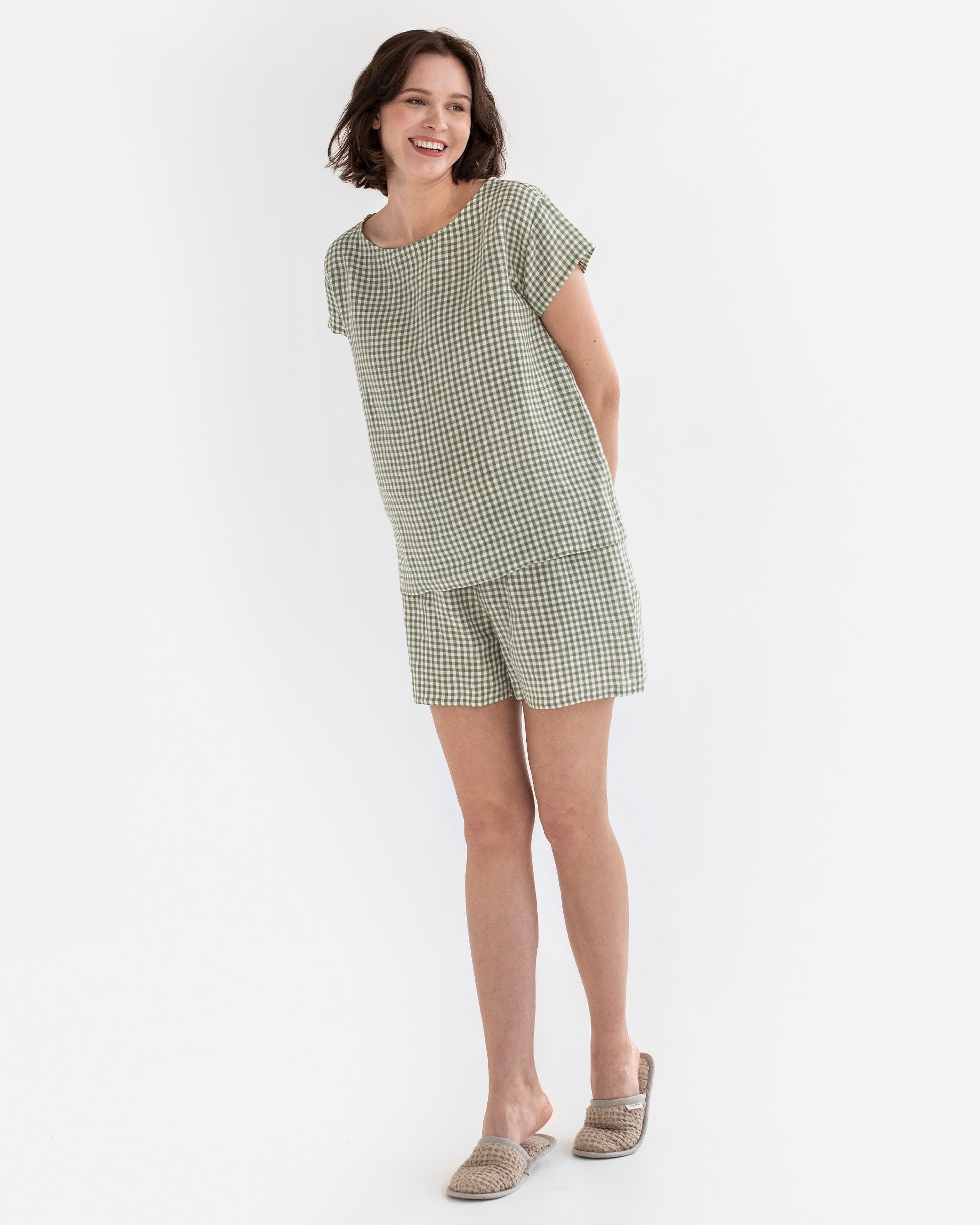 Linen pajama set Luni in Forest green gingham - MagicLinen