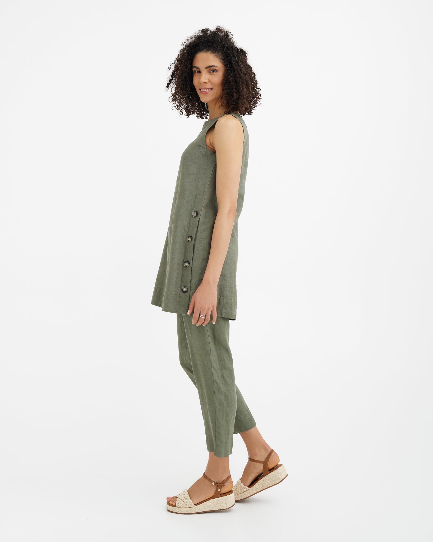 MagicLinen Mist Green women’s sleeveless linen tunic dress with longer back hem  