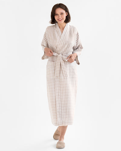 Linen robe MAJORCA in Natural gingham - MagicLinen