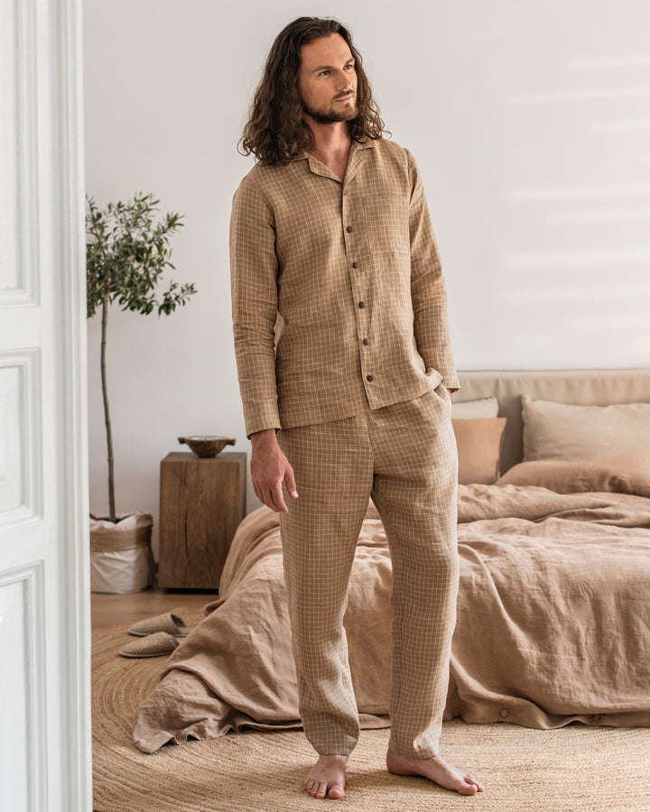 Men's linen loungewear set MONTEREY in Brown windowpane - MagicLinen