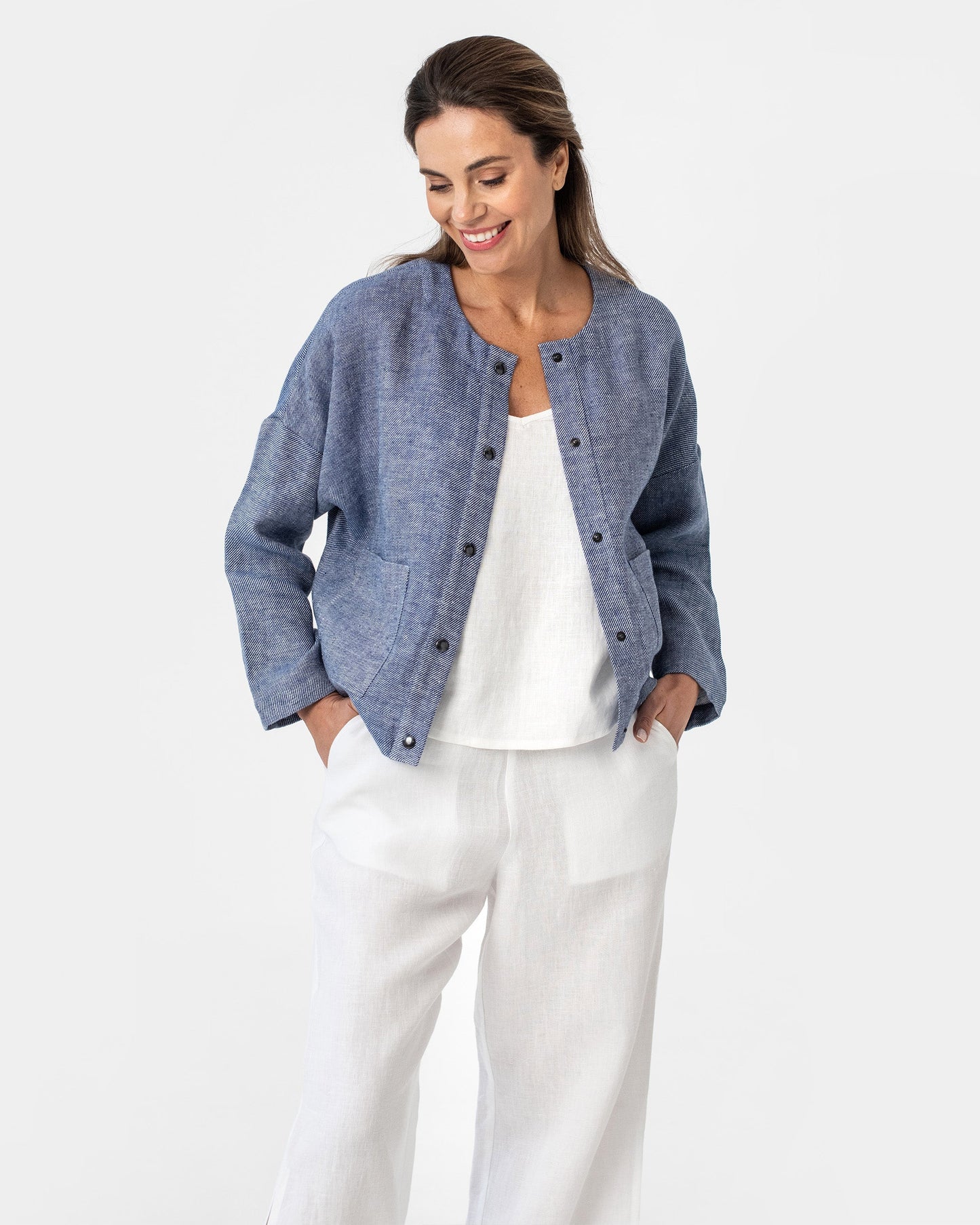 Linen bomber jacket NAPALI in Denim - MagicLinen