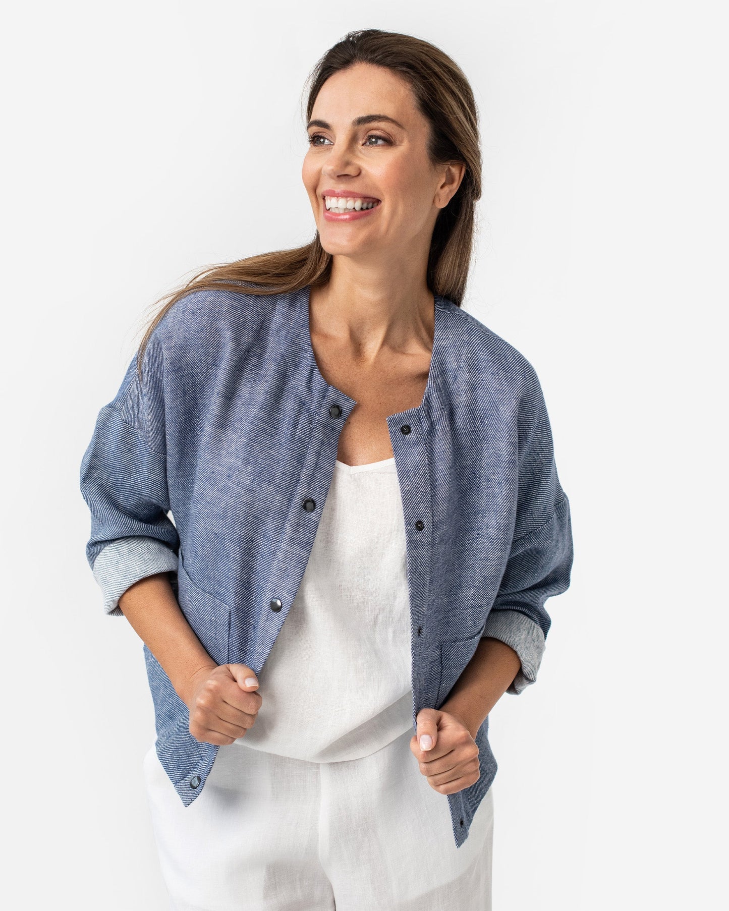 Linen bomber jacket NAPALI in Denim - MagicLinen