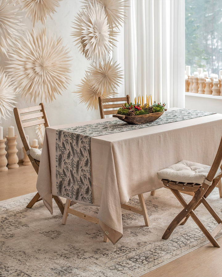 Linen table runner in Natural & Winter print