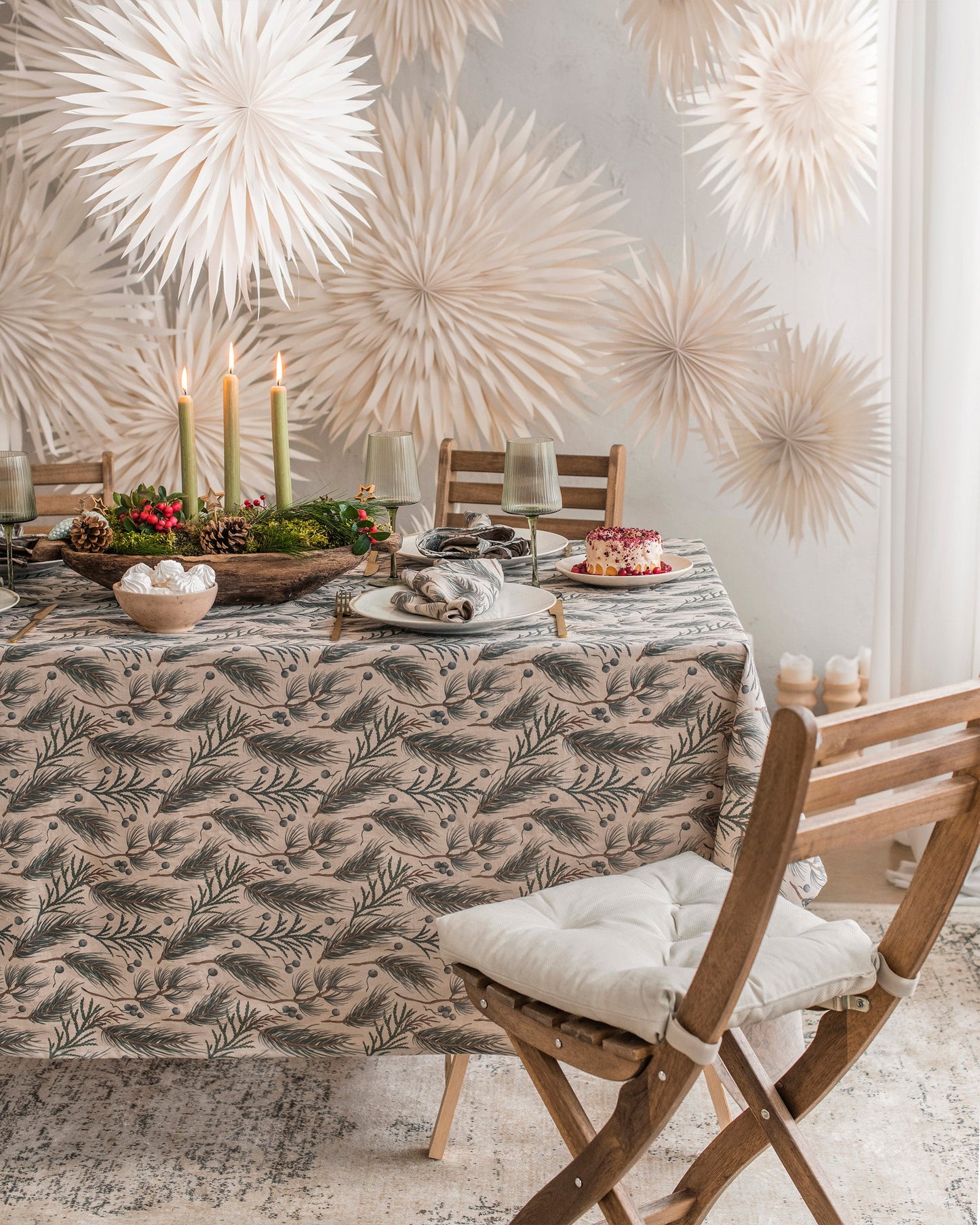 Natural & Winter print linen tablecloth