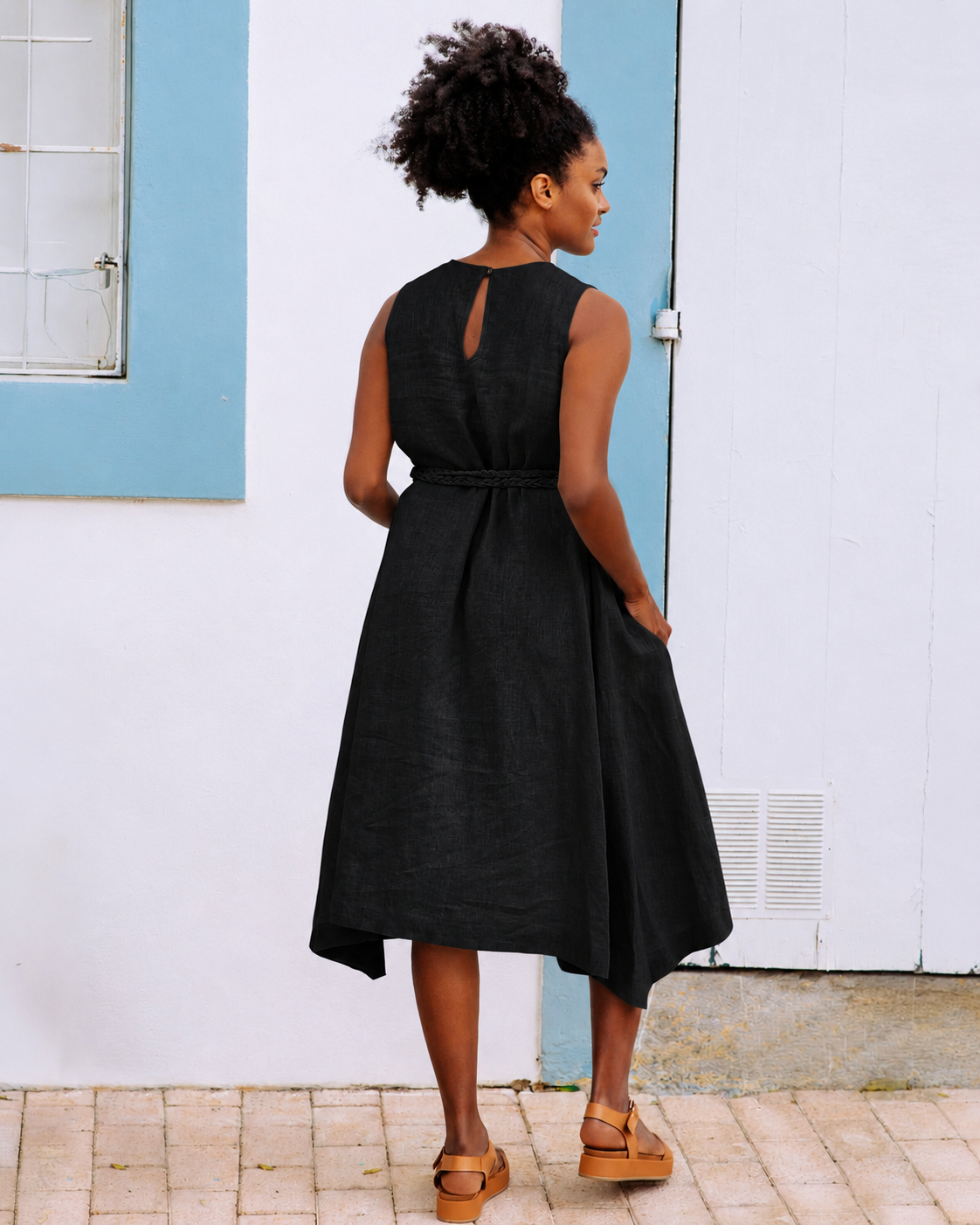 women's black linen dress Breezy NIDA in Size:mediium Collection_North floaty details of the Abbie Drop Waist Smocked