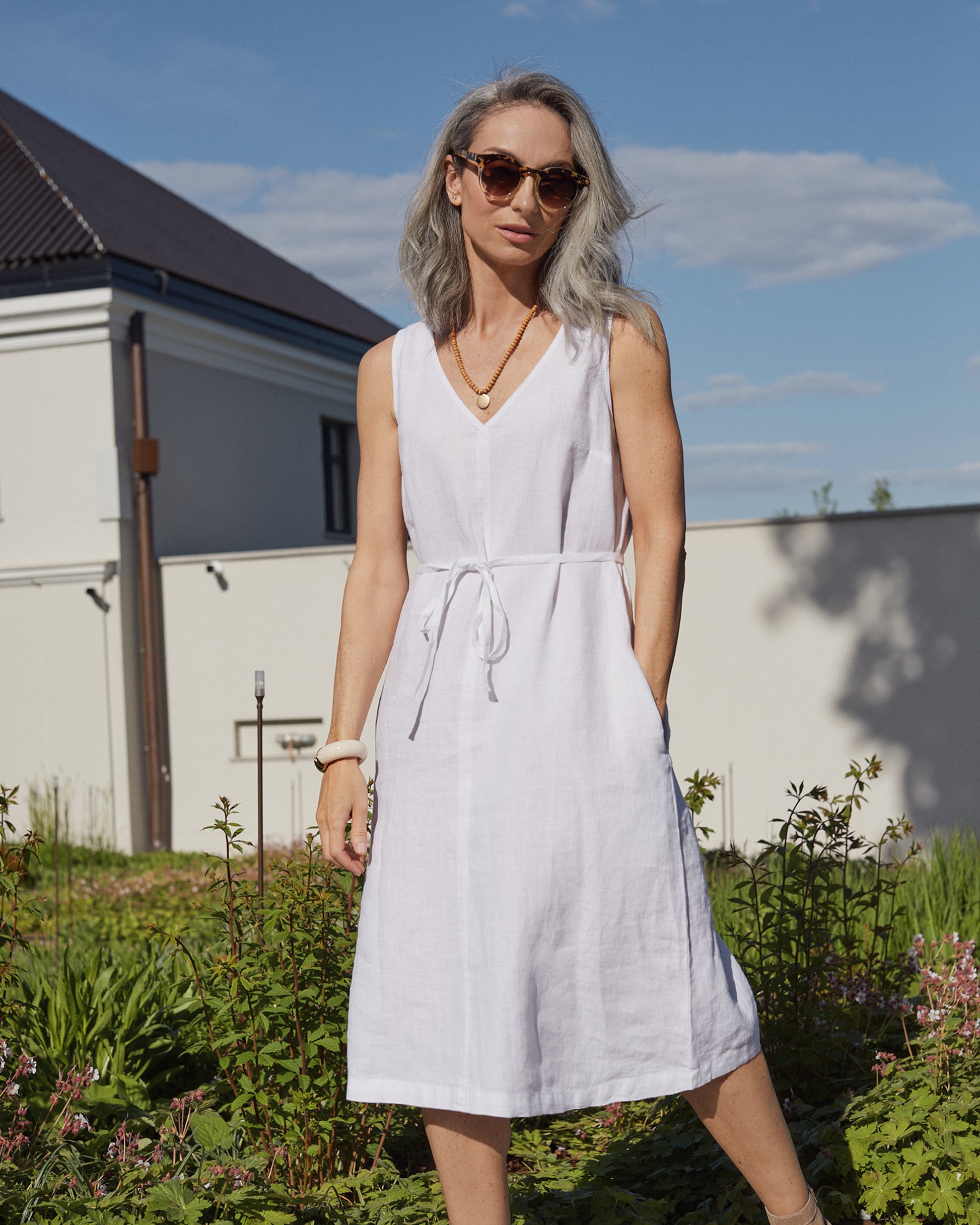 magic linen white dress Tiered linen dress PETRA in White