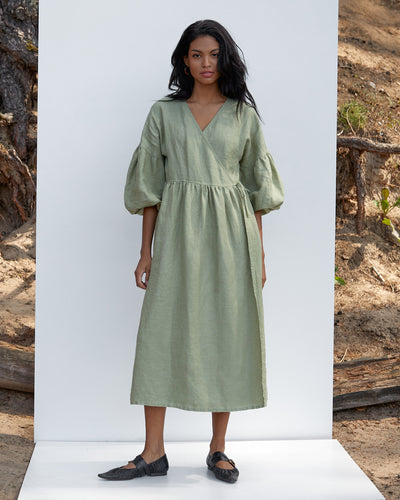 Linen wrap dress puff sleeves OLBIA in Sage | MagicLinen modelBoxOn