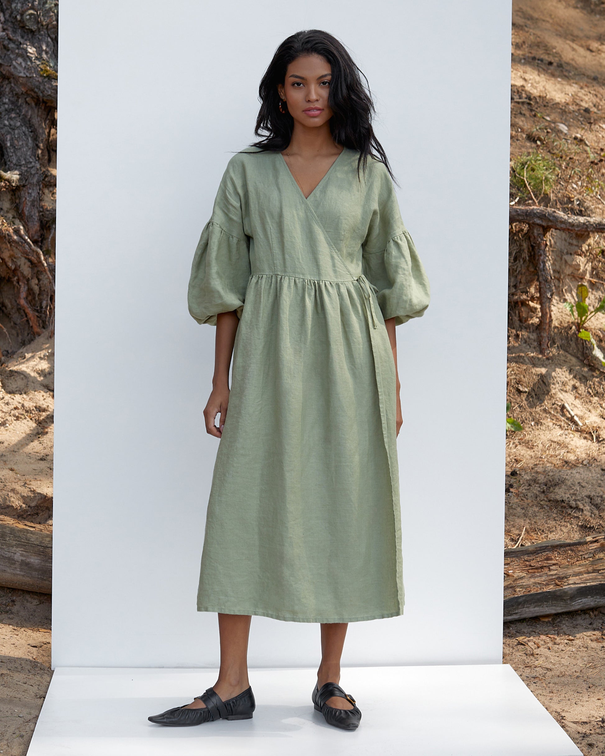 Linen wrap dress puff sleeves OLBIA in Sage | MagicLinen modelBoxOn