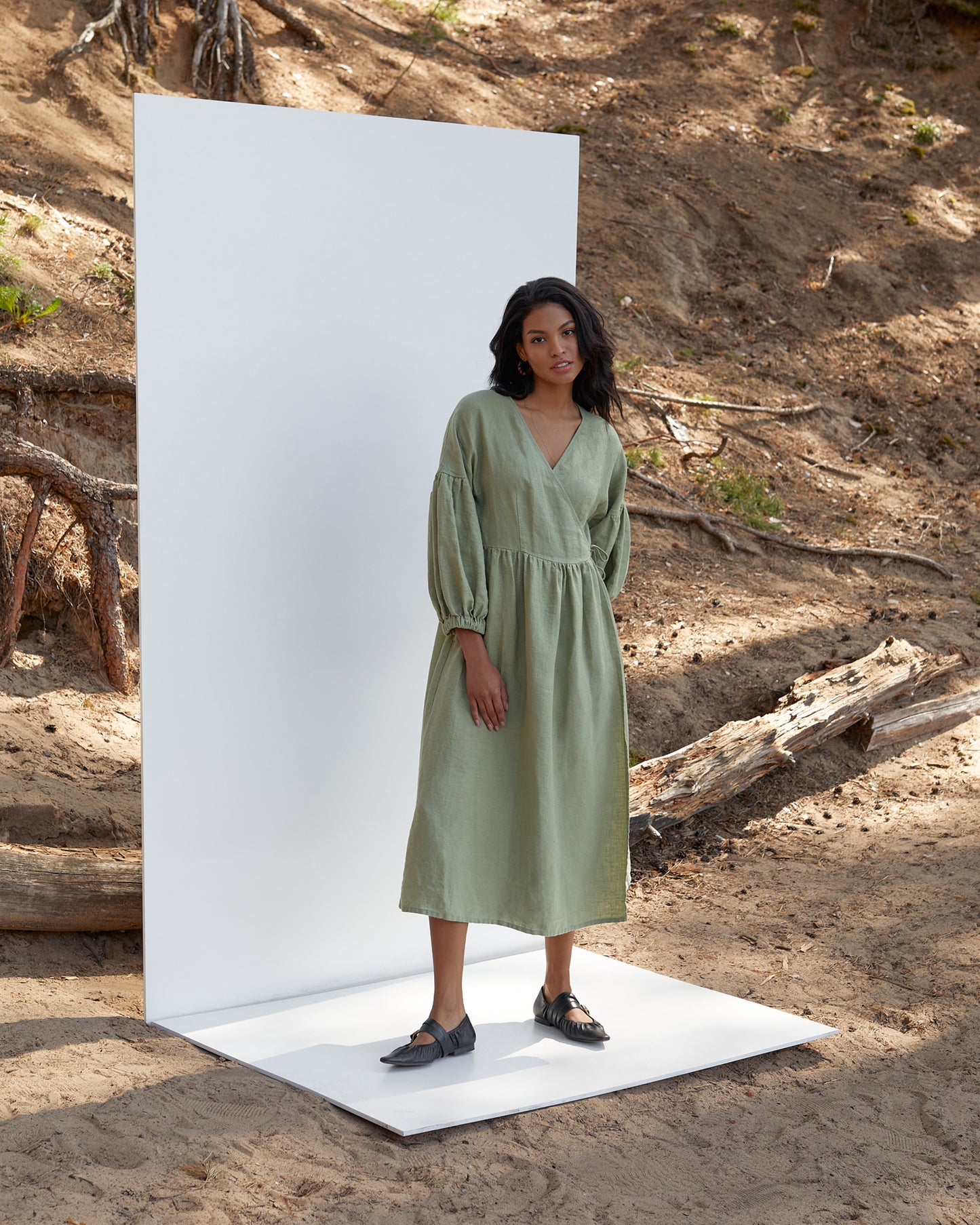 Linen wrap dress puff sleeves OLBIA in Sage | MagicLinen