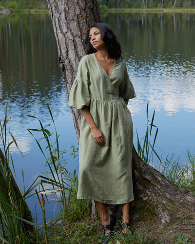 Linen wrap dress puff sleeves OLBIA in Sage | MagicLinen modelBoxOn