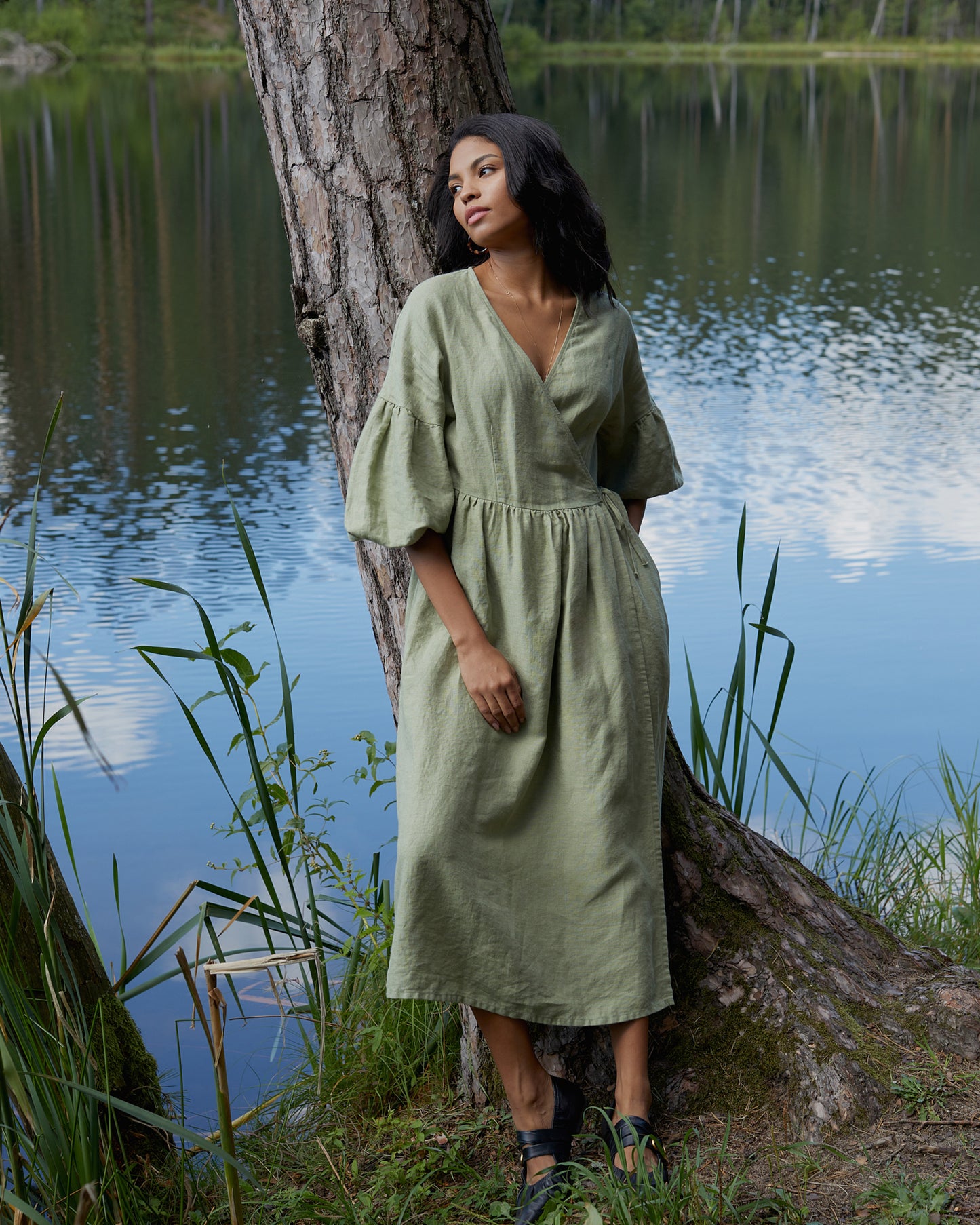 Linen wrap dress puff sleeves OLBIA in Sage | MagicLinen