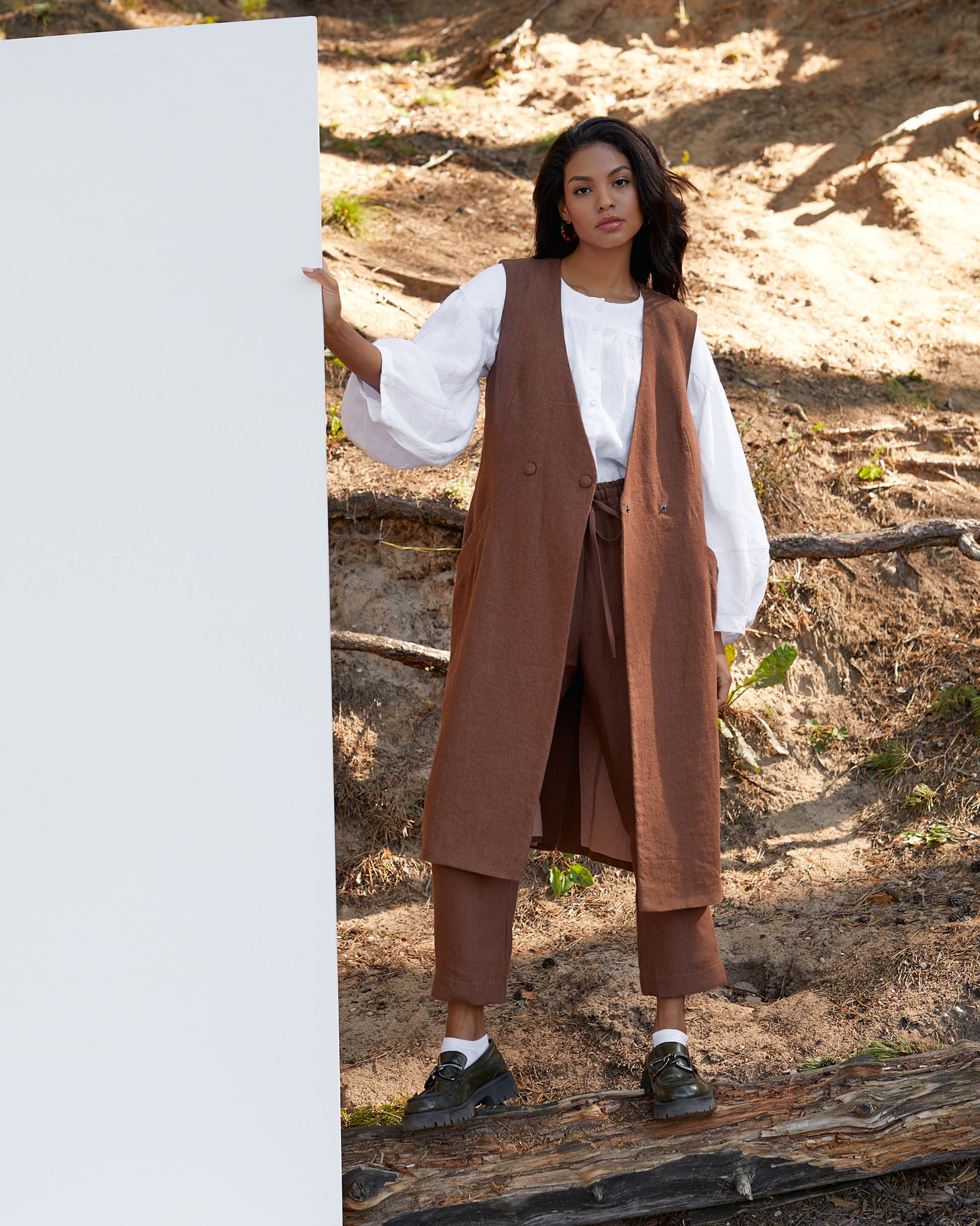 Linen long waistcoat ORISTANO in Cacao brown | MagicLinen