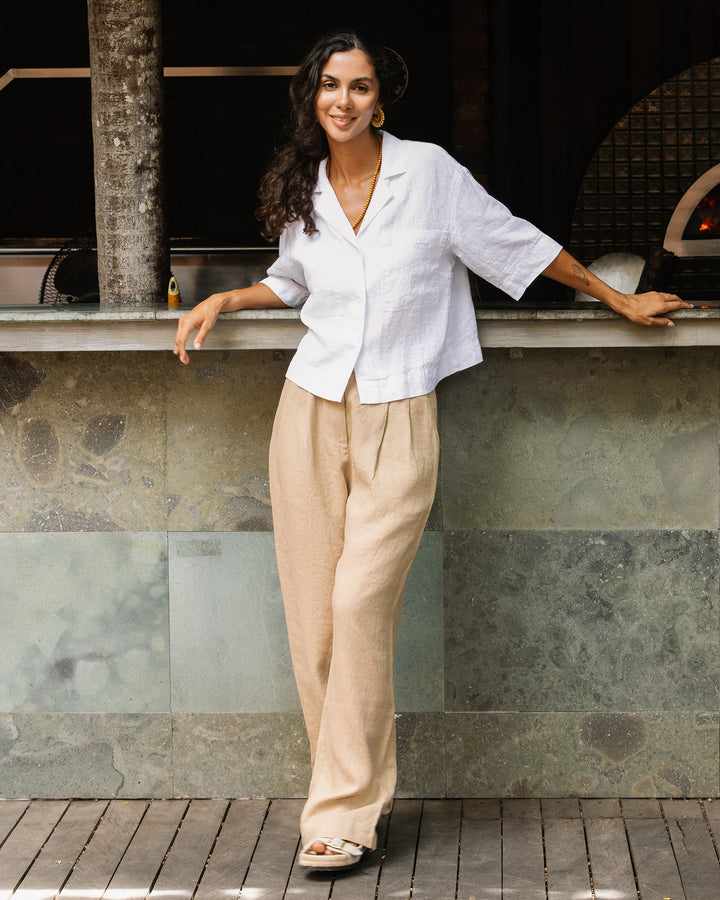 Wide leg linen pants ROME in Natural melange - MagicLinen modelBoxOn2