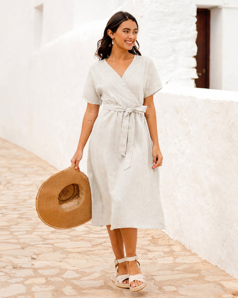 flax linen dresses Wrap Dress PADAR in Natural 93 cm / 36.6 Buy Roman Grey Petite CUTOUTDRESSES Color:Black/ Grey 6