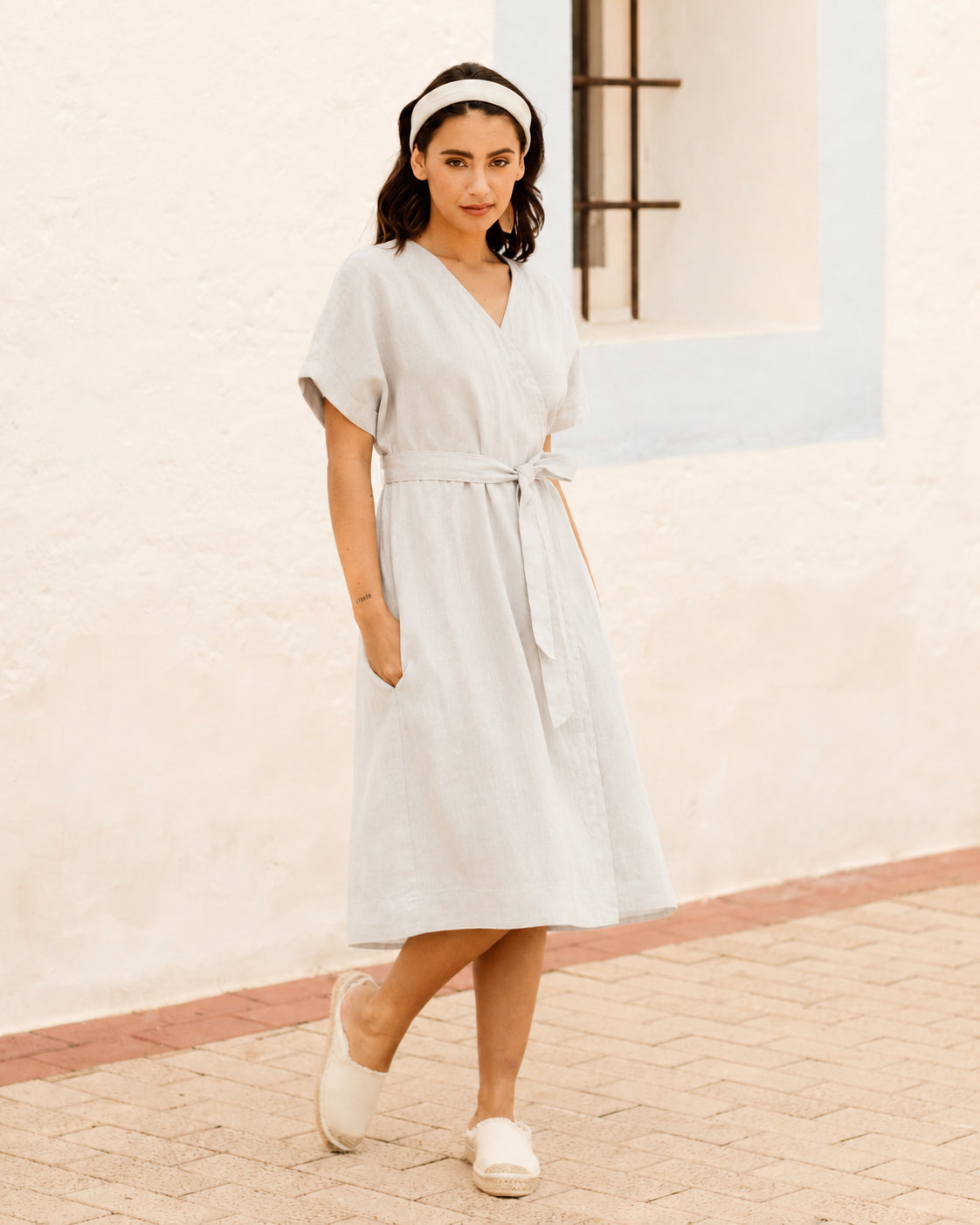 linen wrap dress Wrapped PADAR in Natural flax side pockets Size:10.5 E Brown Jumpsuits & Rompers 9243
